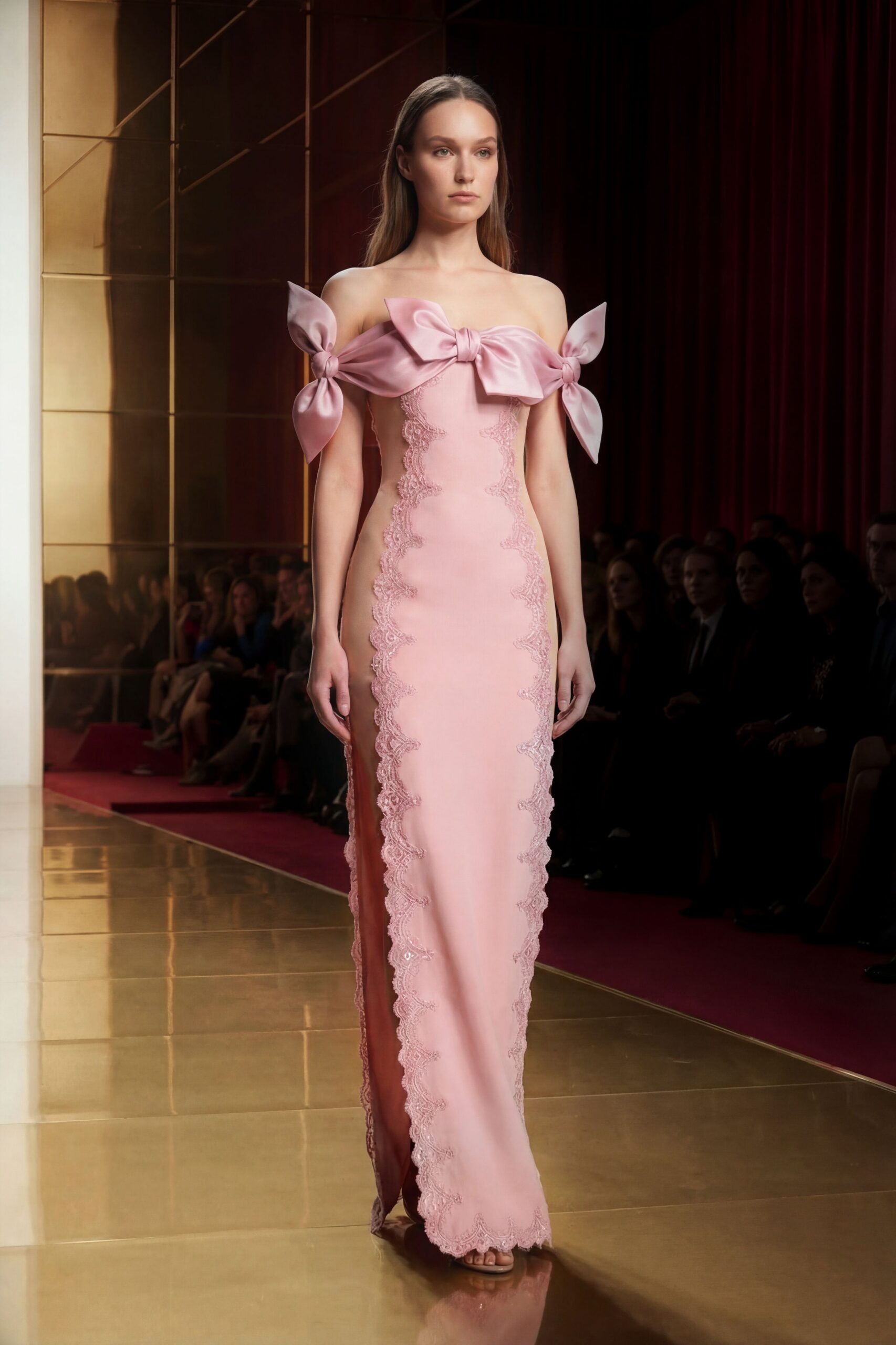 pink silk strapless fitted embroidered maxi gown