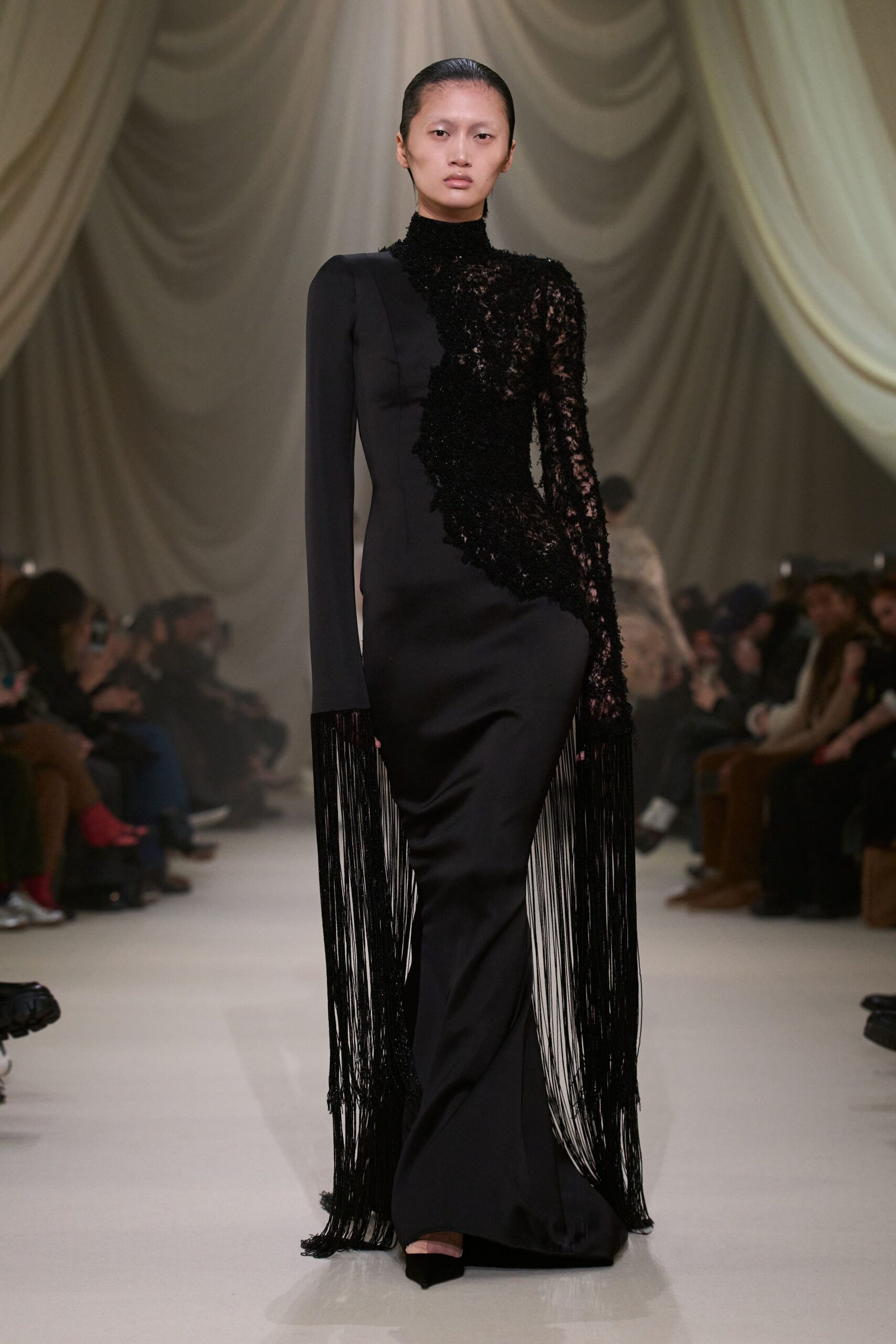 black silk long-sleeve high-neck fitted fringed embroidered gown