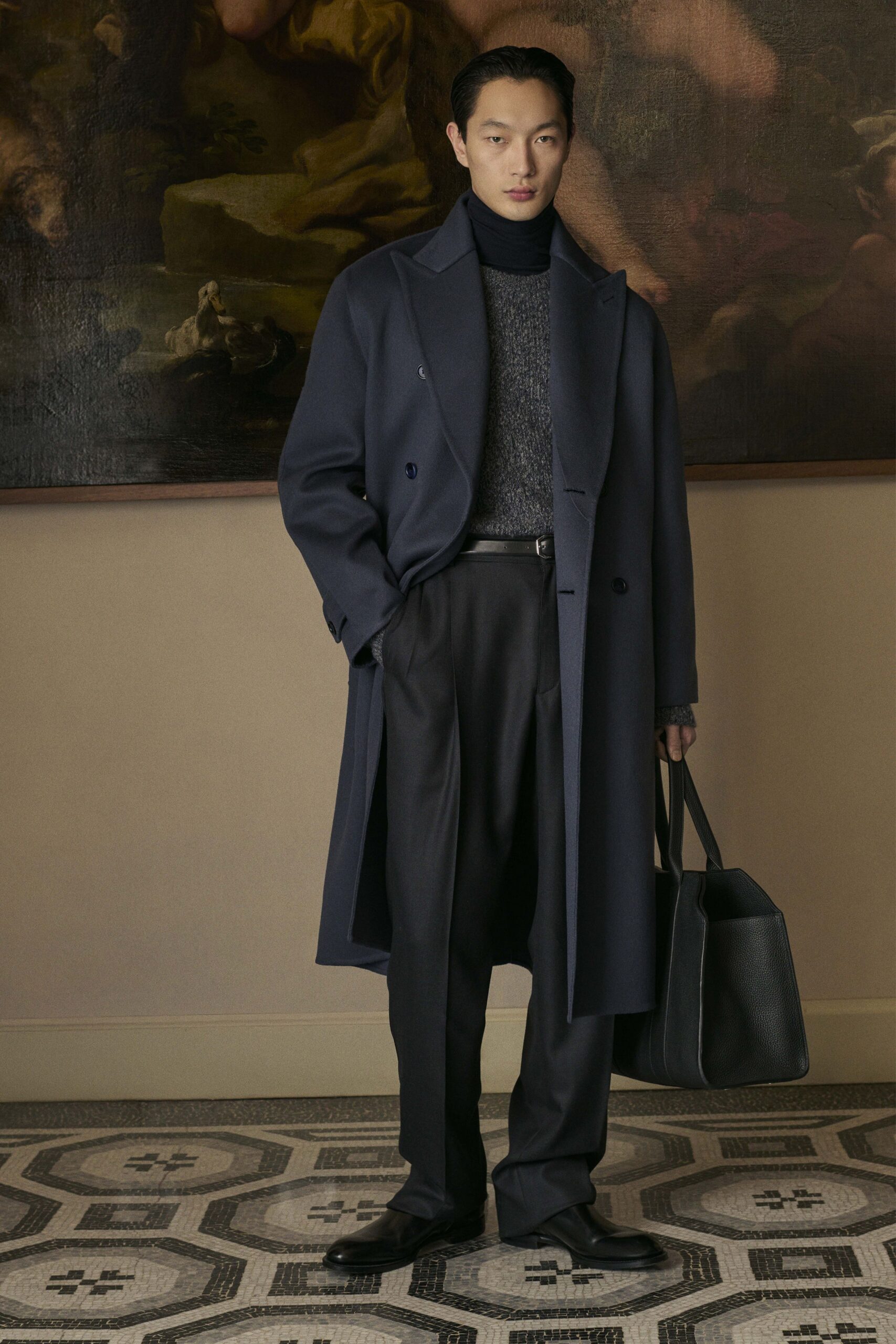 blue wool long-sleeve collared tailored coat