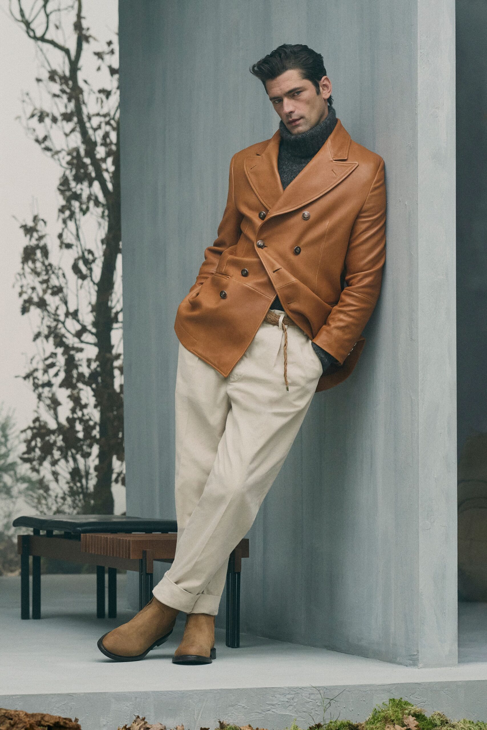 brown leather long-sleeve double-breasted structured blazer