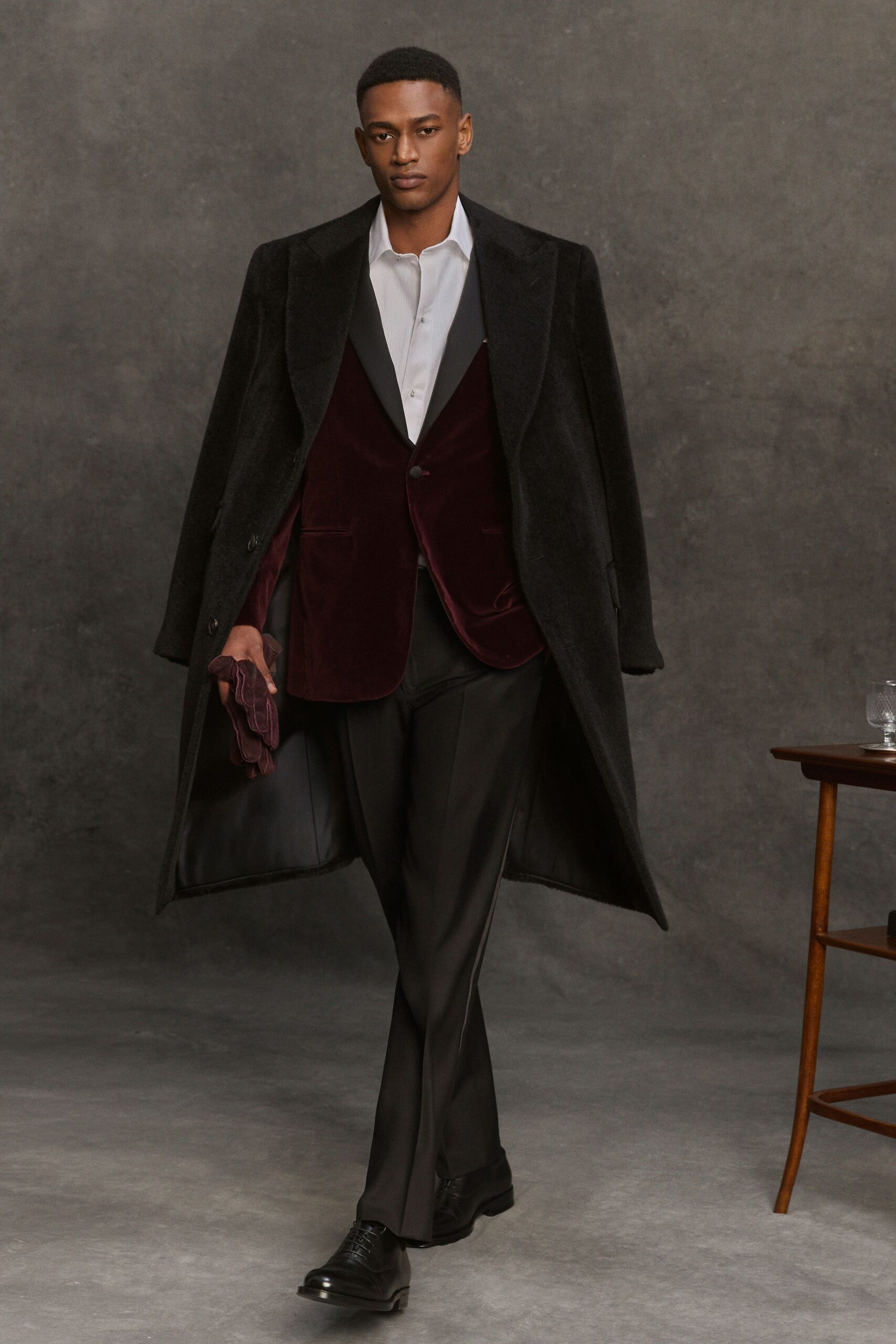 black wool coat red velvet blazer