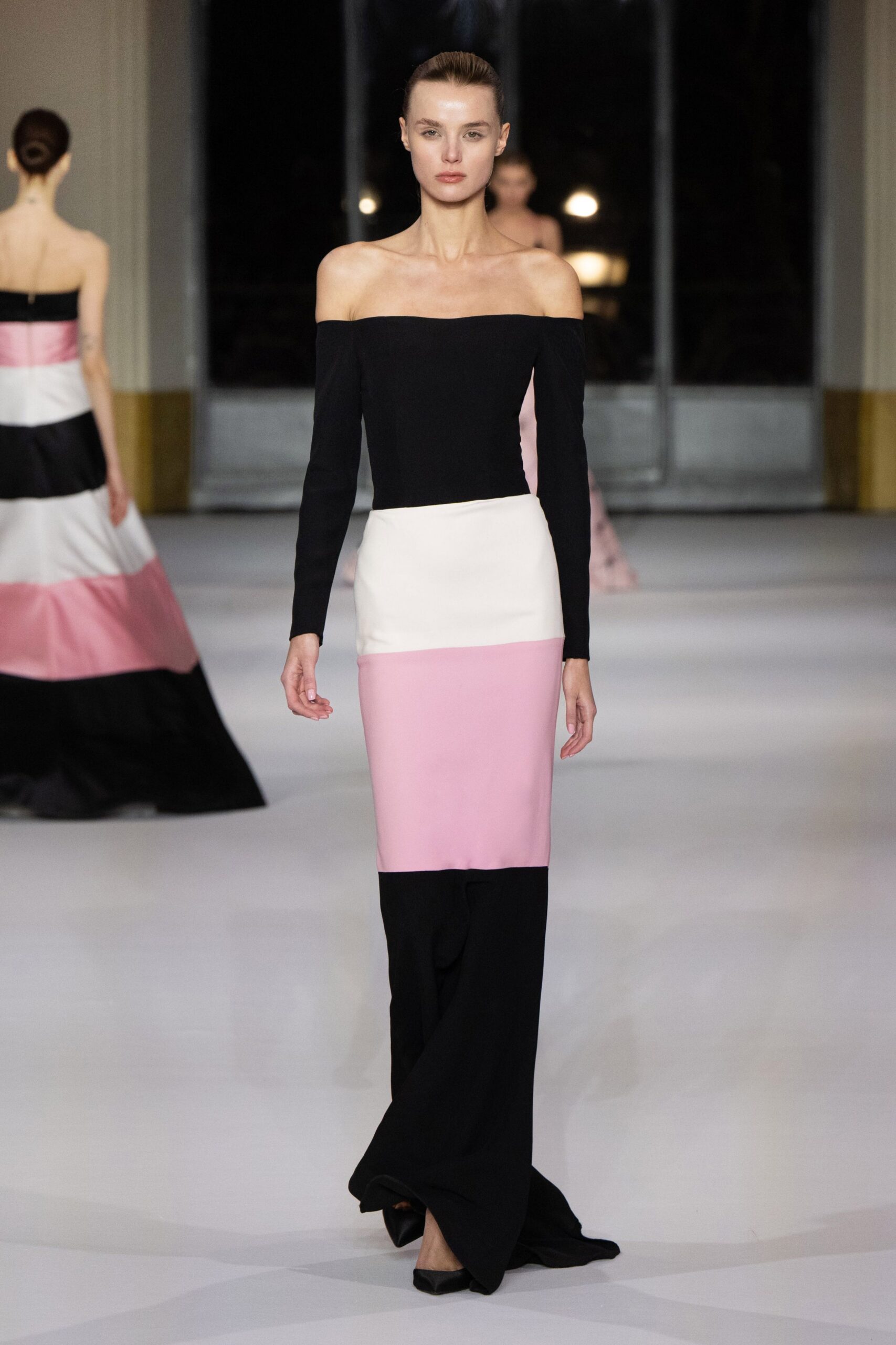 color-blocked off-shoulder gown