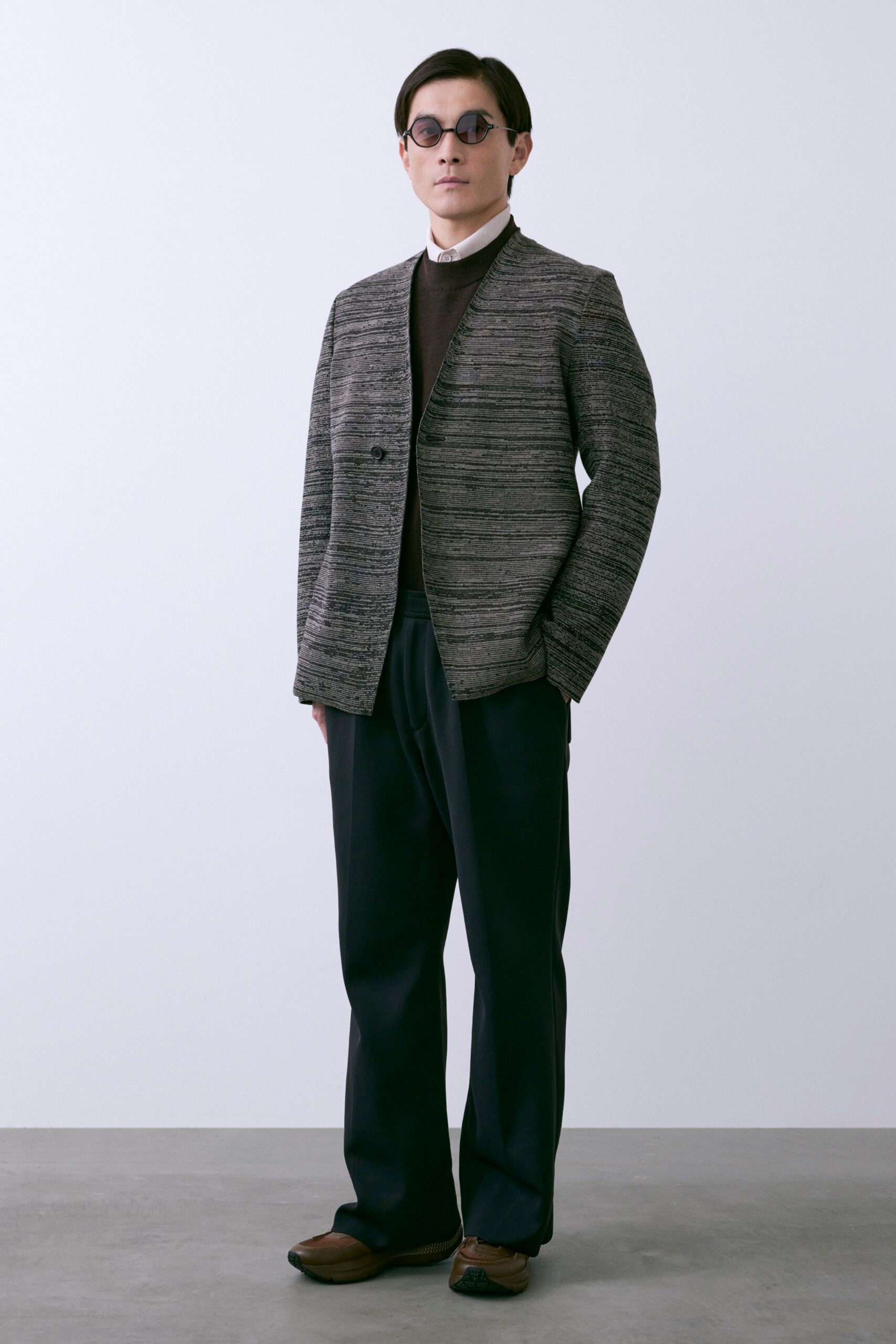 gray wool blazer with sunglasses