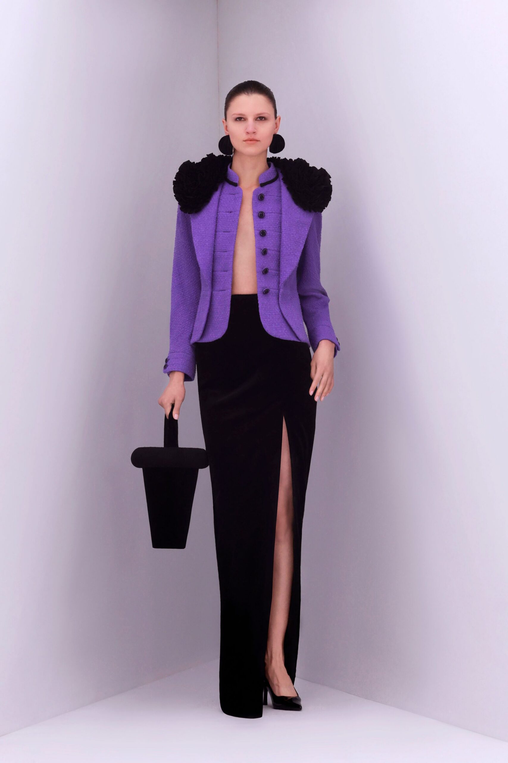purple wool long-sleeve collared structured buttoned pleated jacket