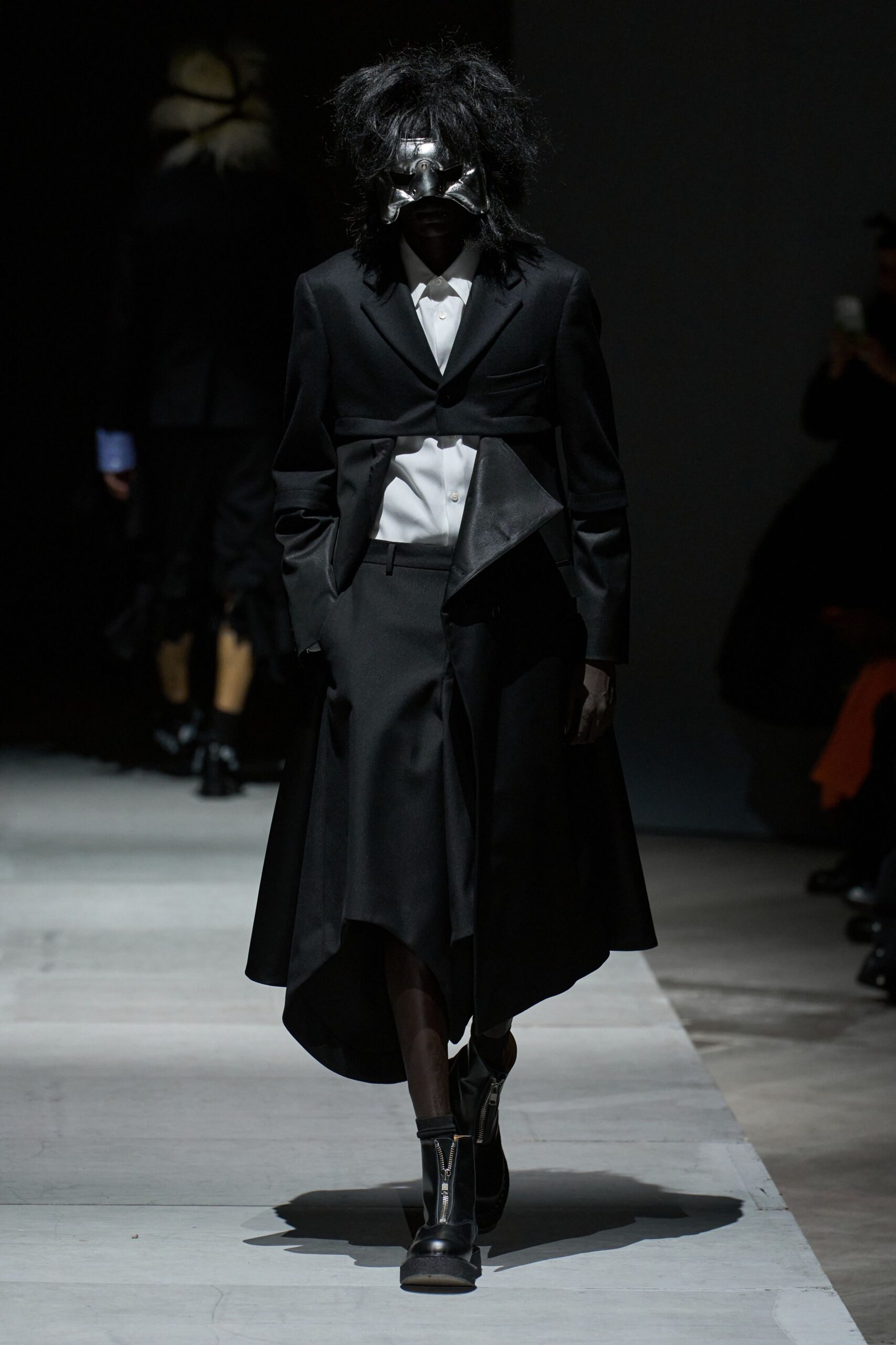 black cotton long-sleeve collared tailored buttoned midi suit