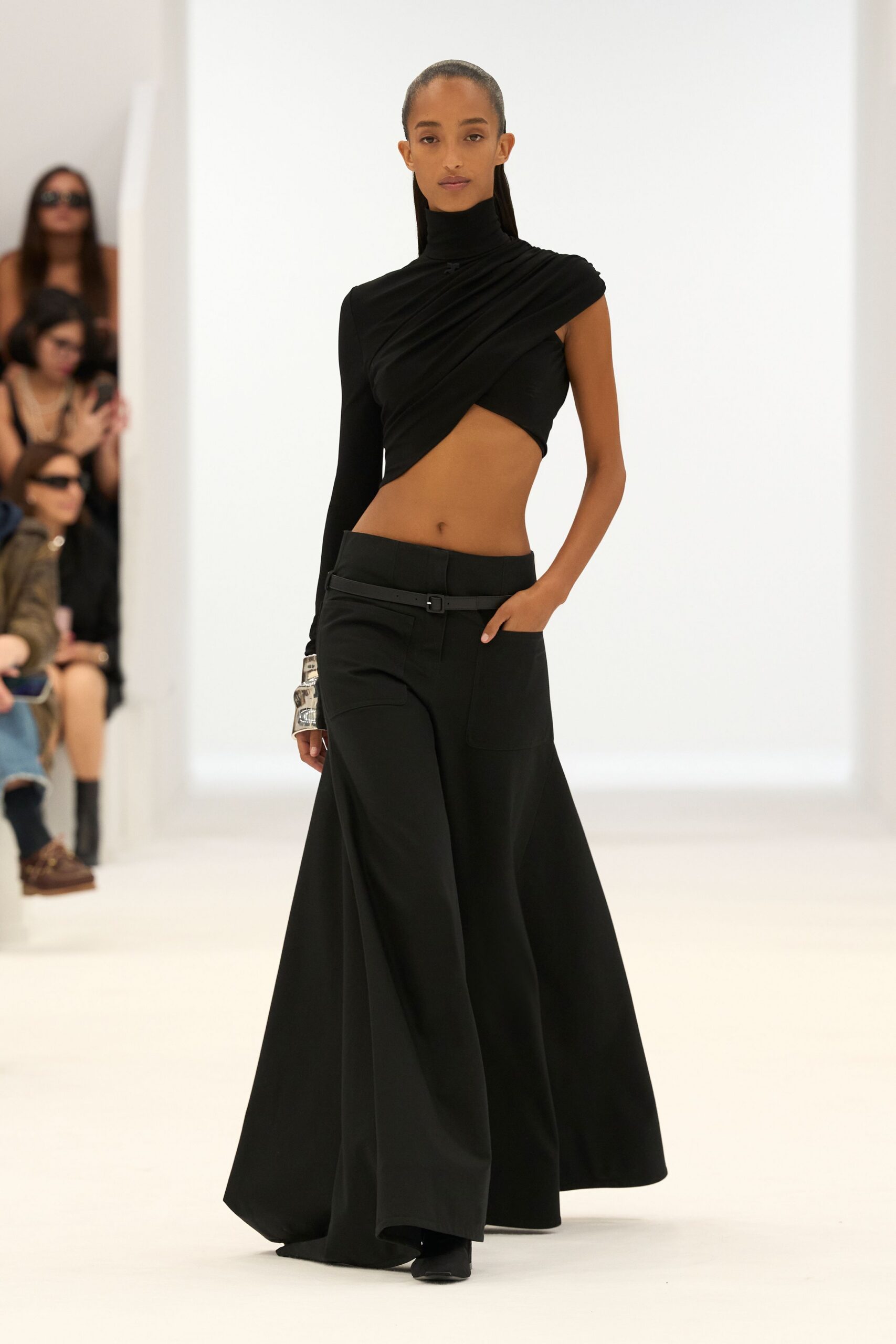 black cotton sleeveless high-neck fitted ruched top