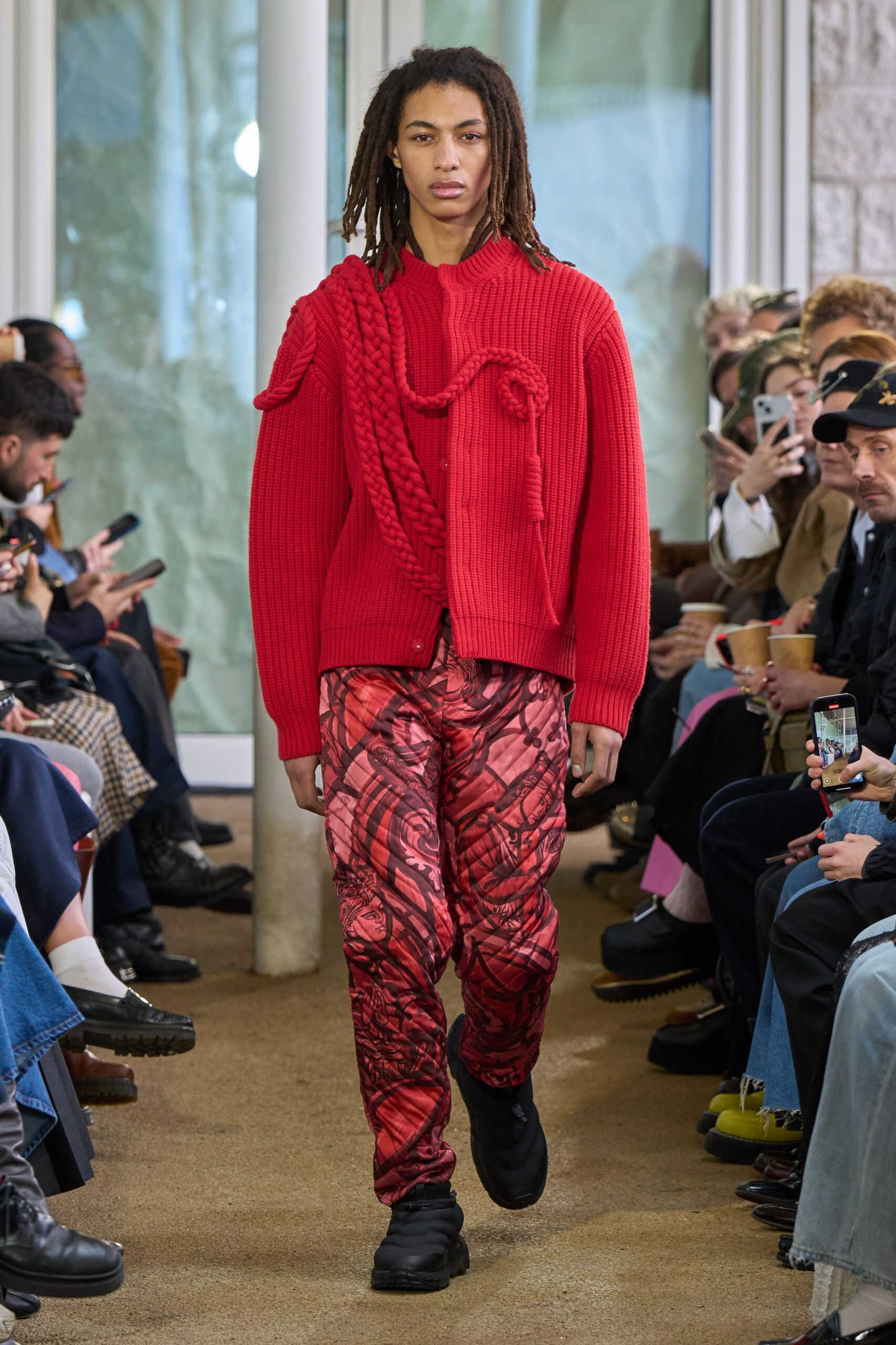 red wool long-sleeve collared relaxed layered sweater