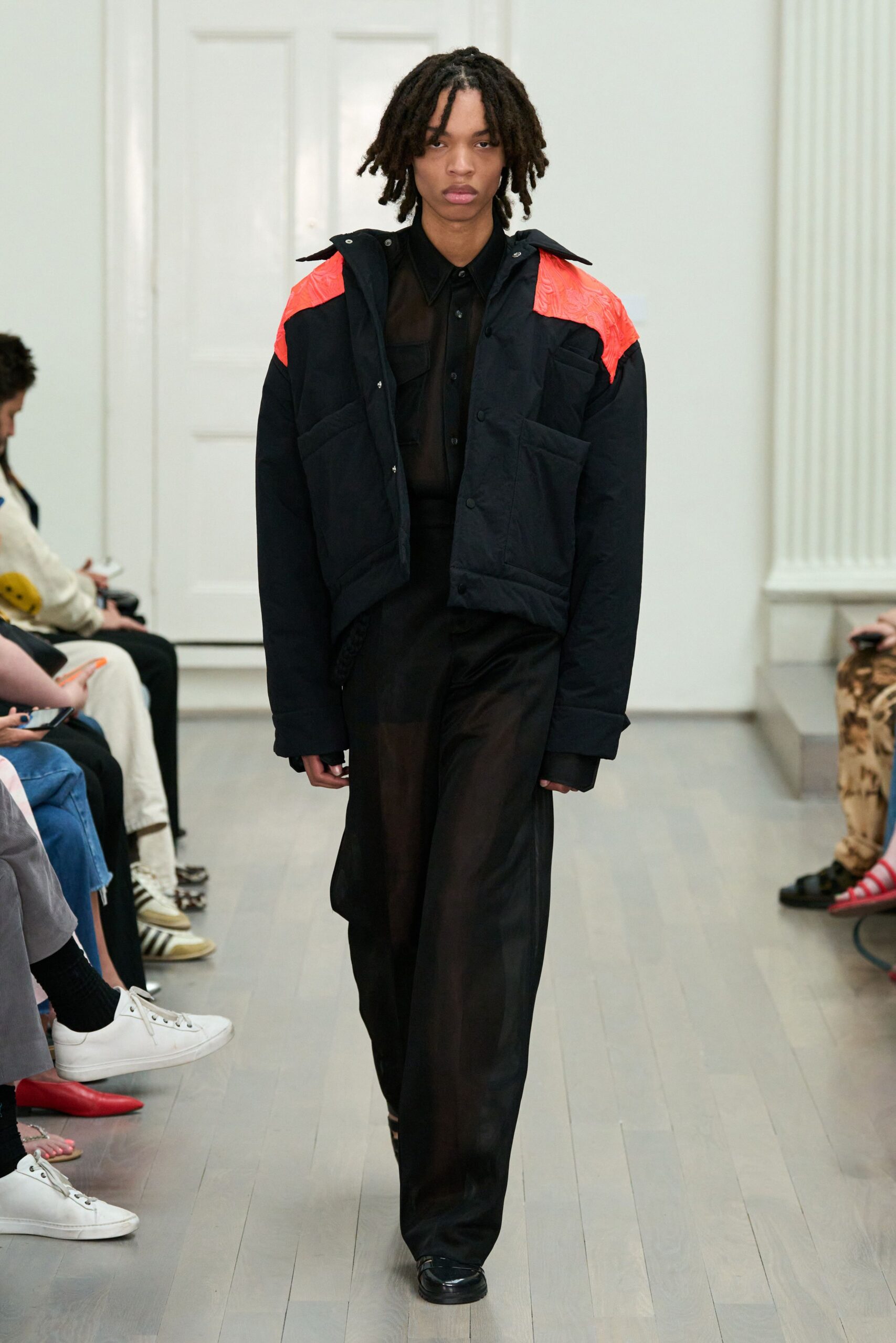 black fitted straight-leg sheer pants