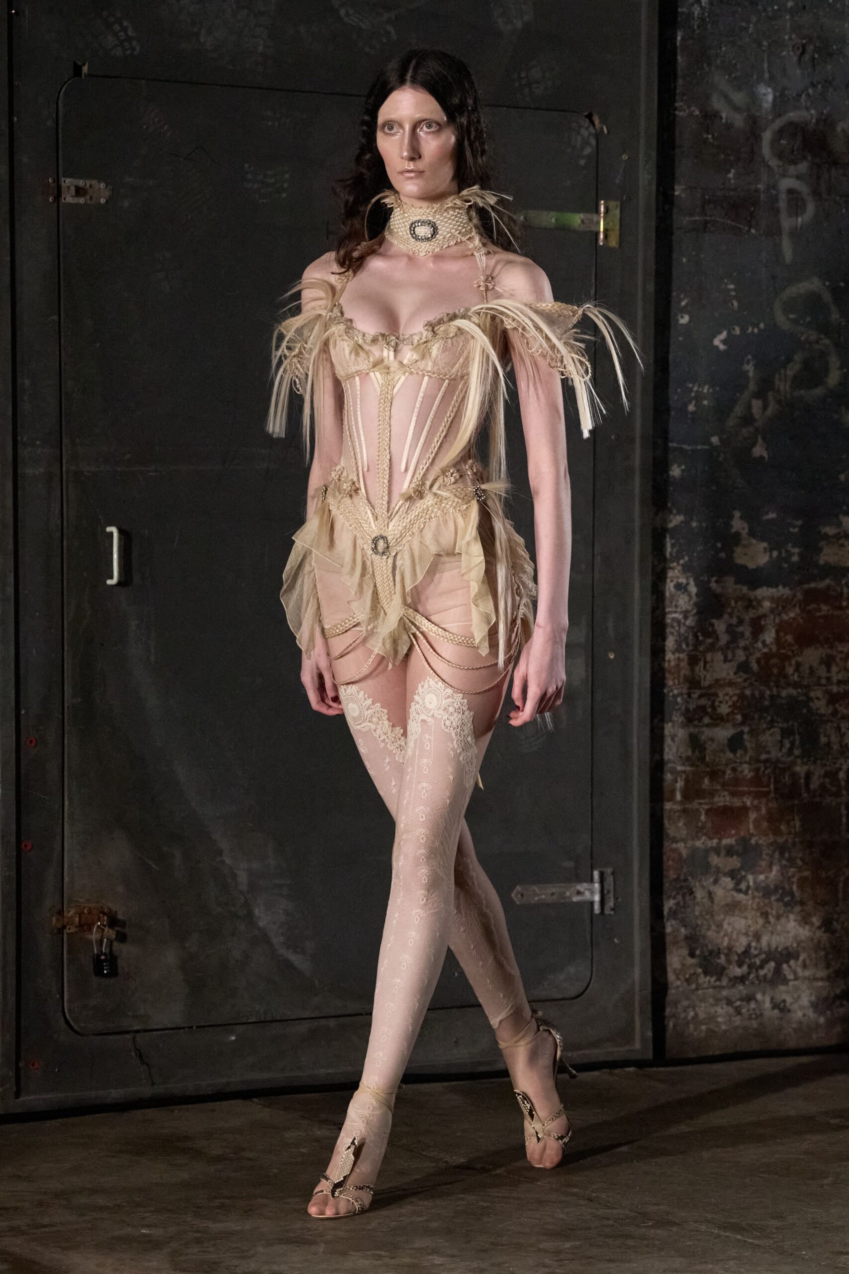 beige fringed bodysuit with shoes