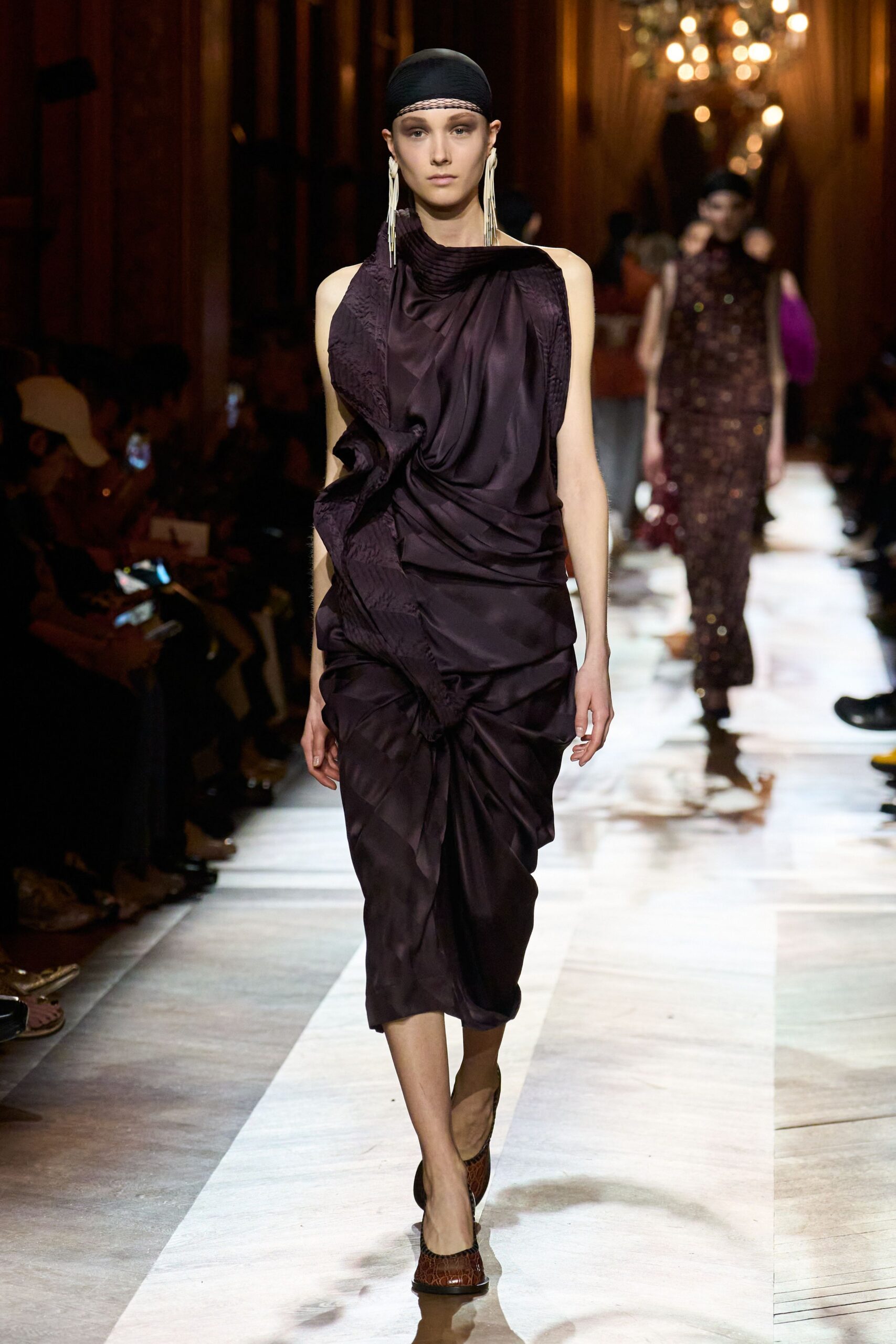 purple silk sleeveless v-neck fitted draped midi dress