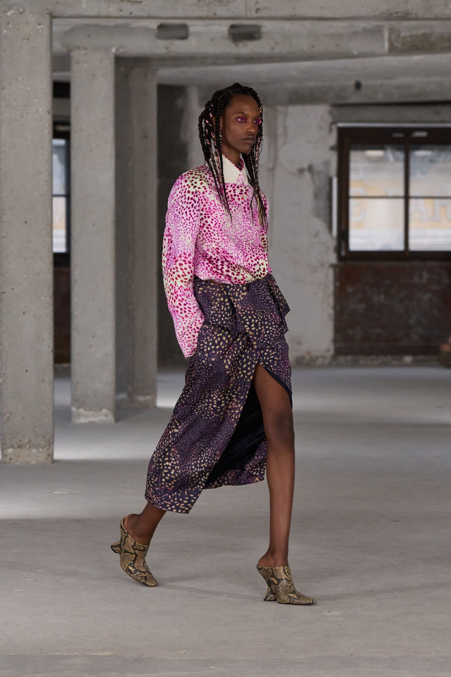 pink silk long-sleeve collared relaxed printed shirt