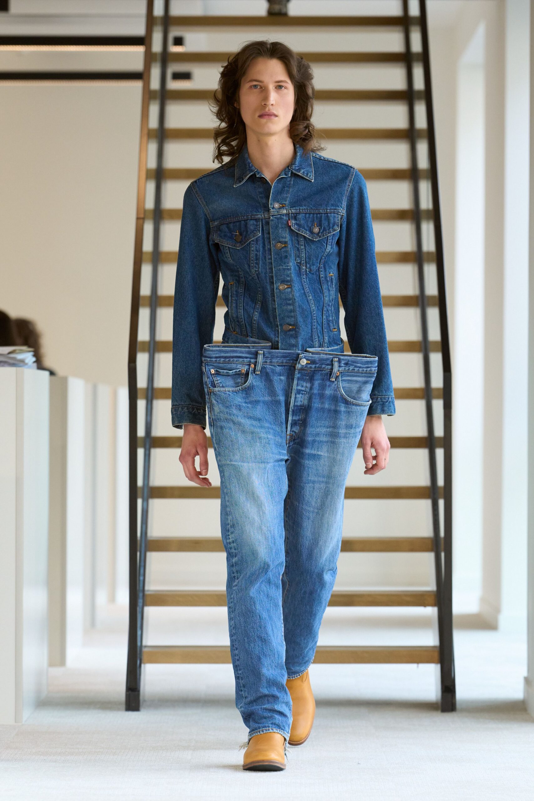blue denim jacket with fitted pants