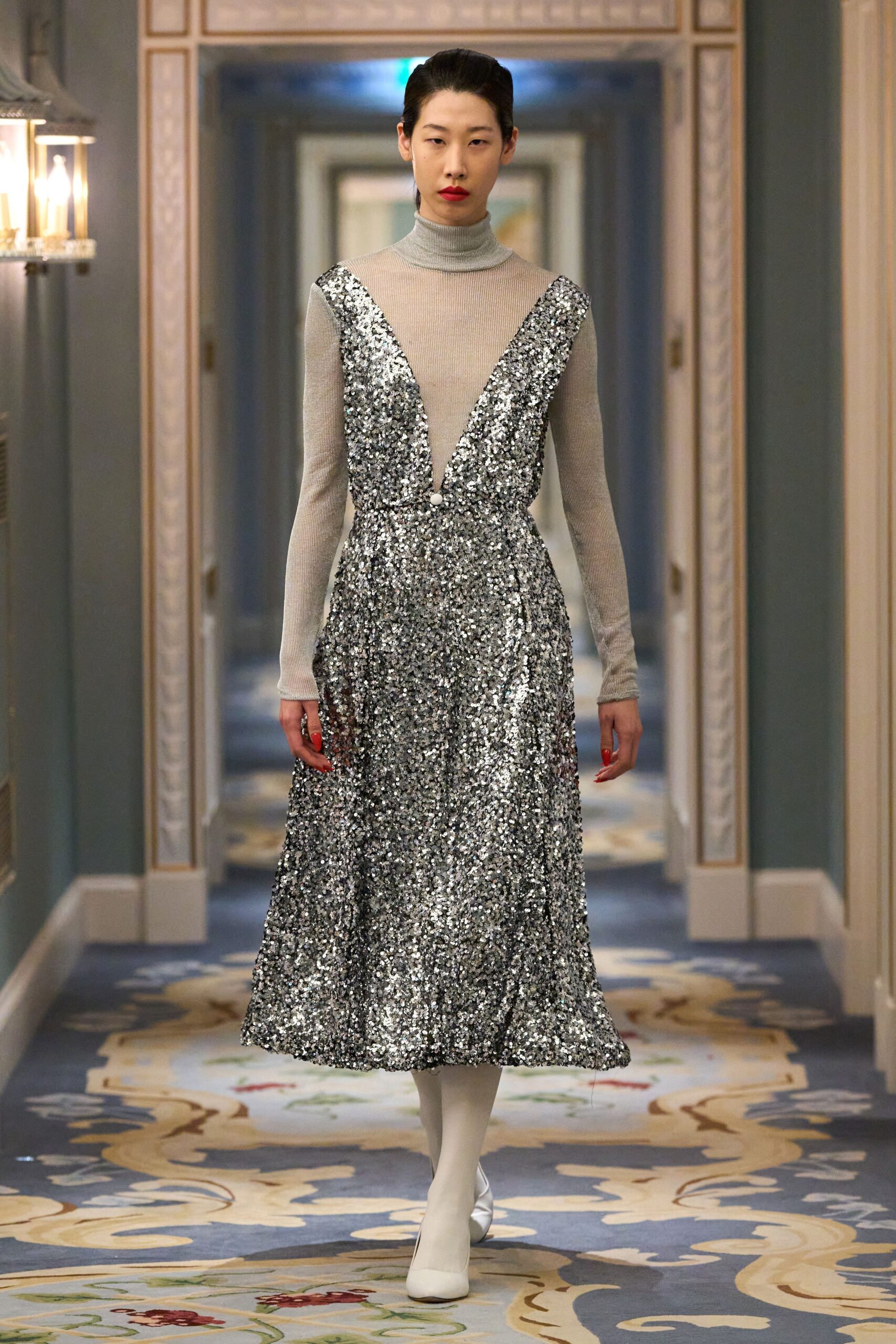 gray sequin long-sleeve v-neck fitted pleated draped dress