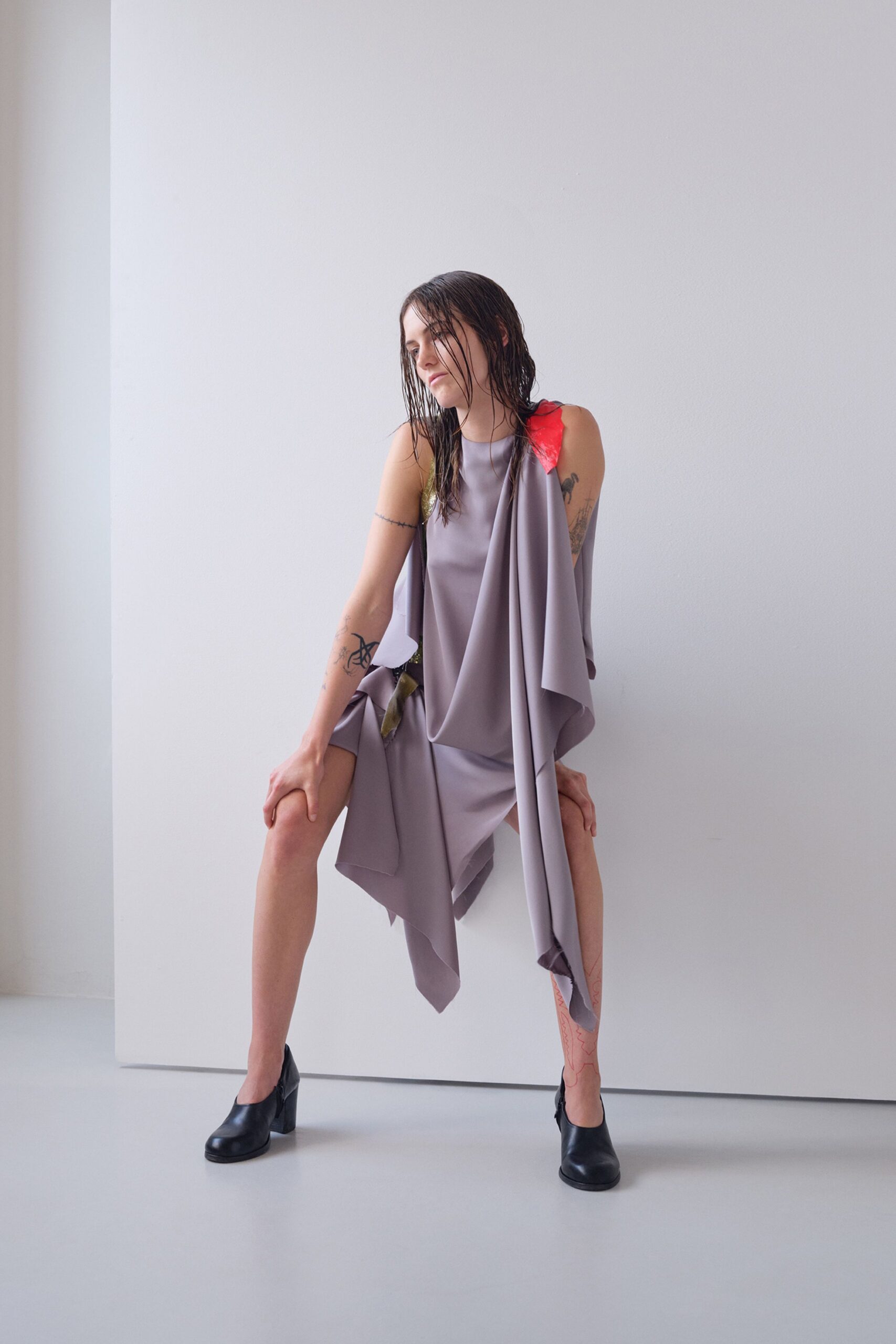 gray silk sleeveless high-neck relaxed draped mini dress