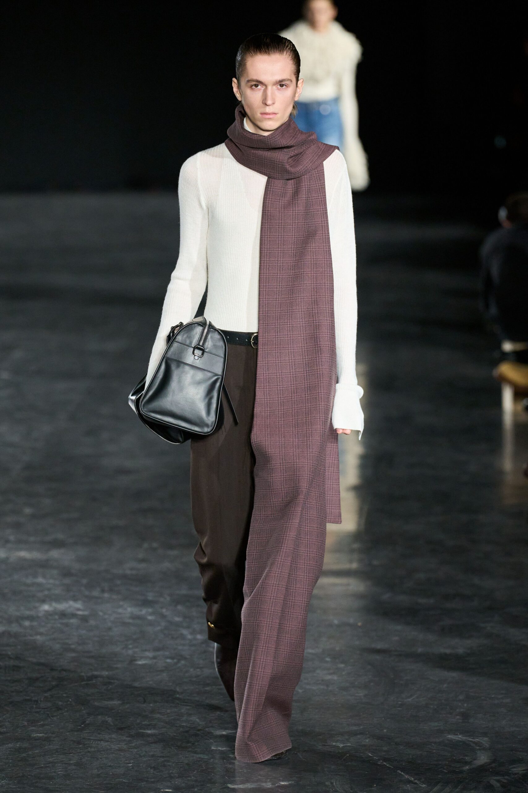 white fitted top brown relaxed pants