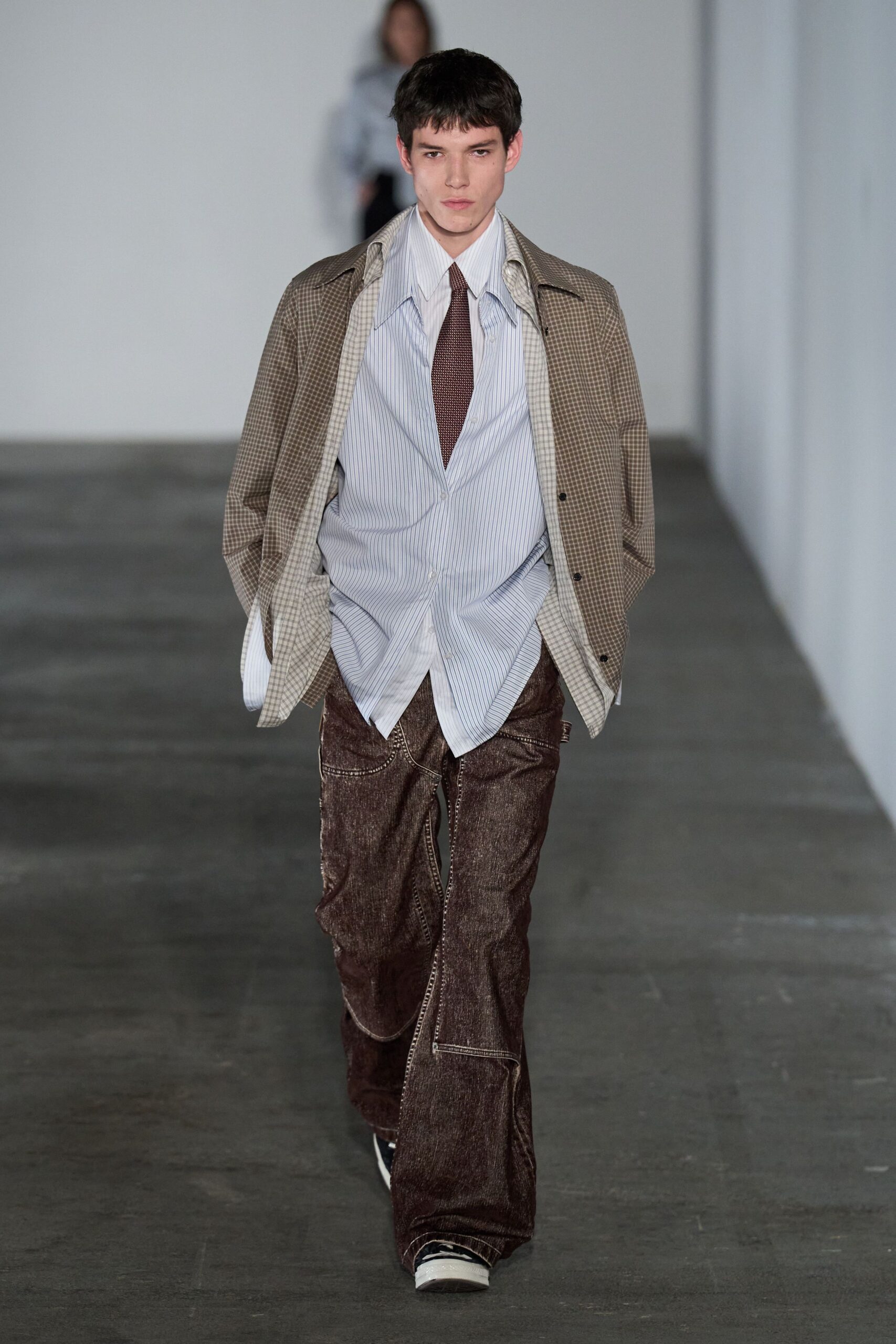 brown relaxed jacket with striped shirt