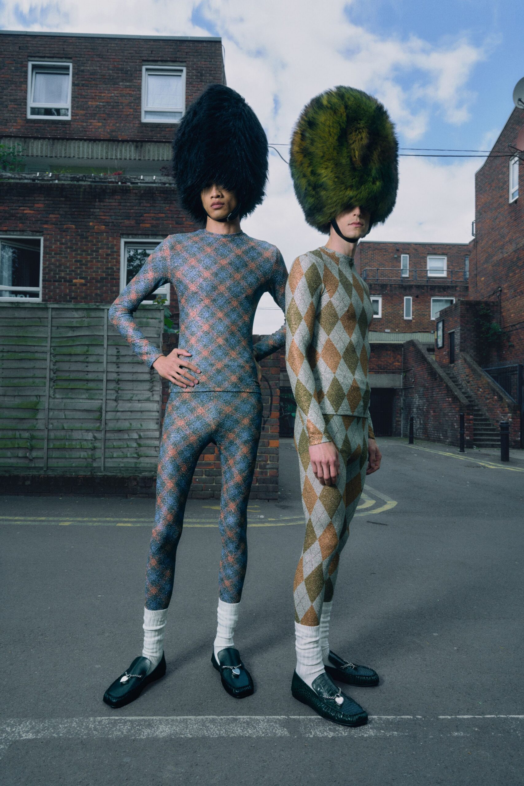 checked catsuits with fur hats