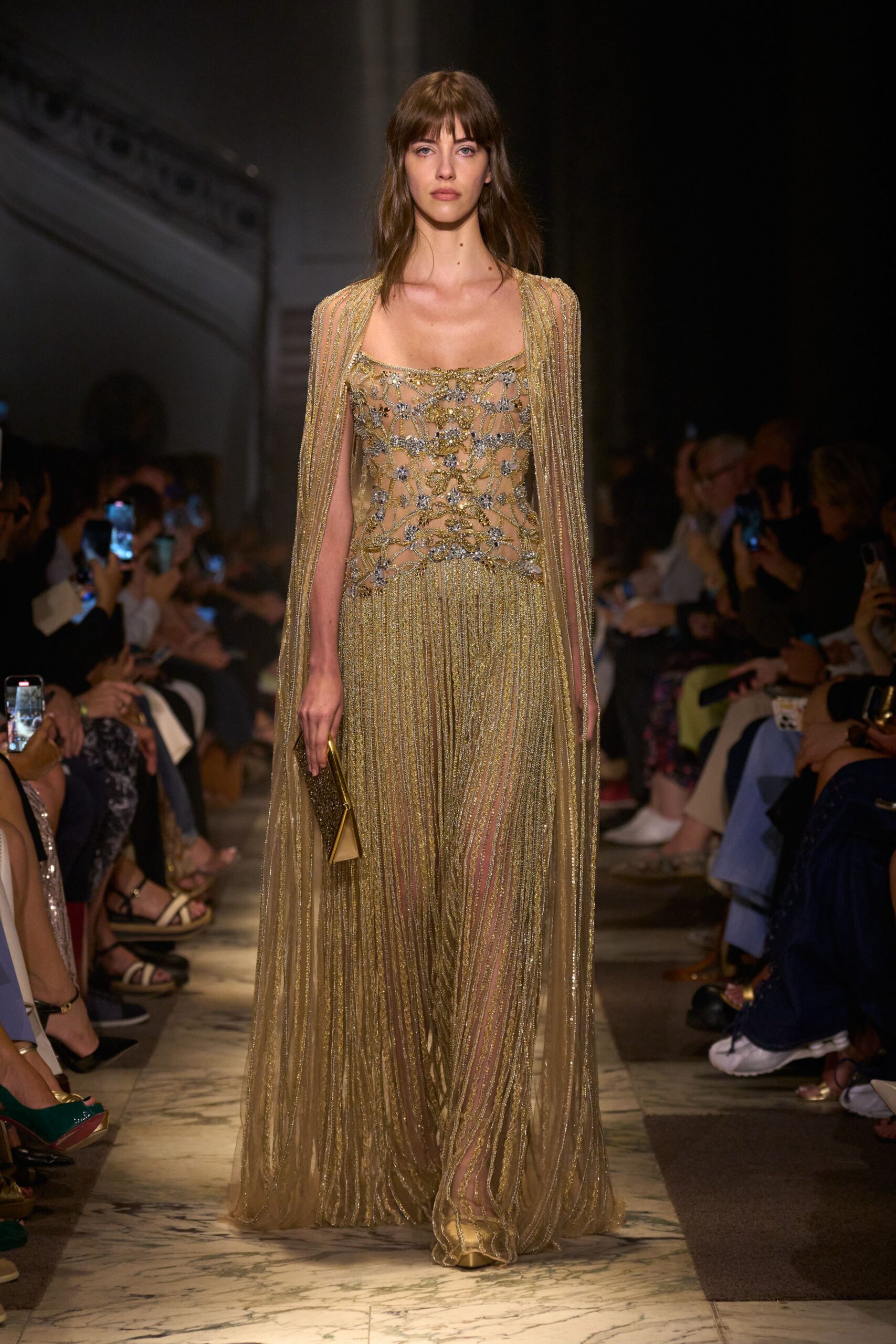 gold embellished gown with cape