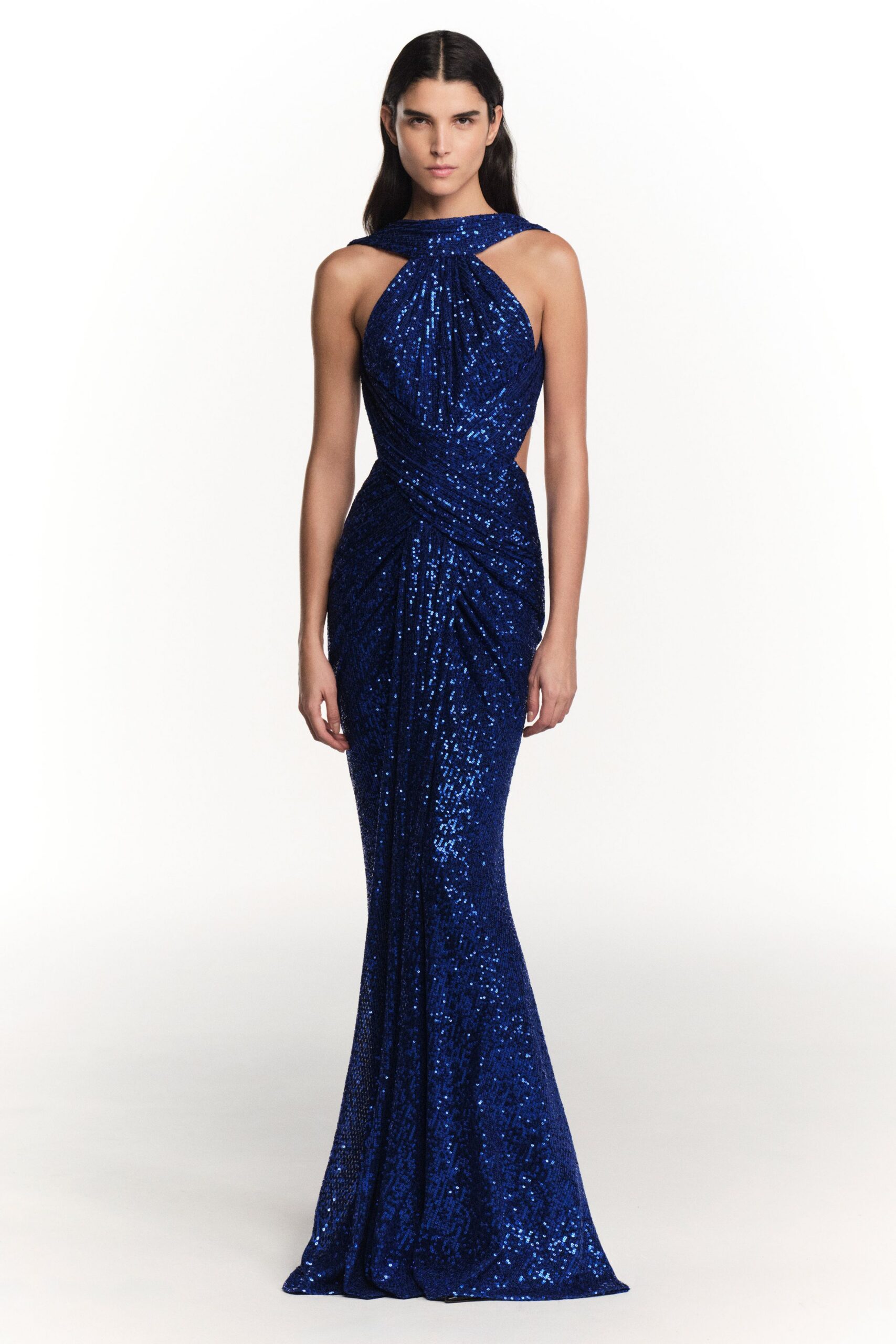 blue sequin fitted gown
