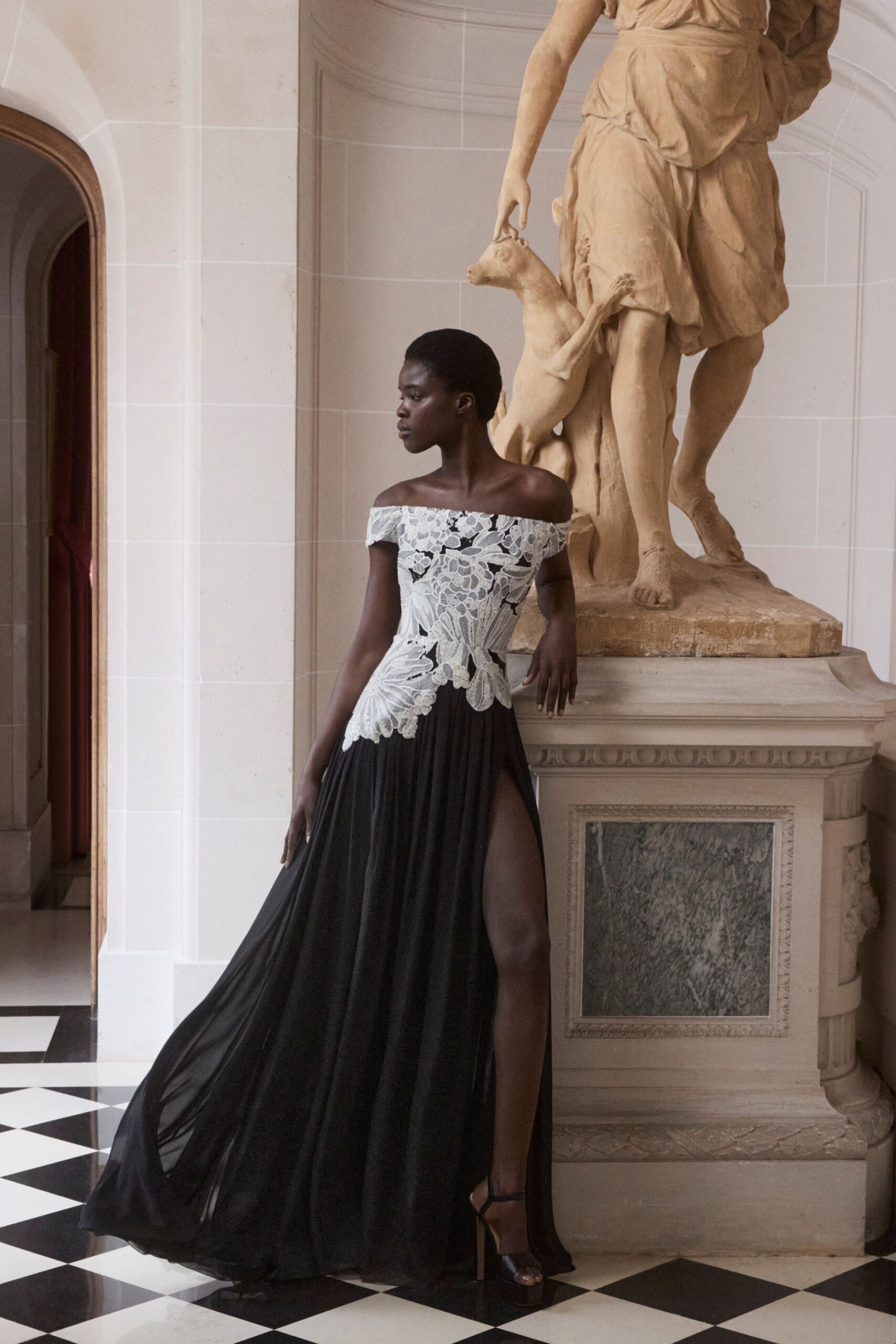 black and white embroidered gown