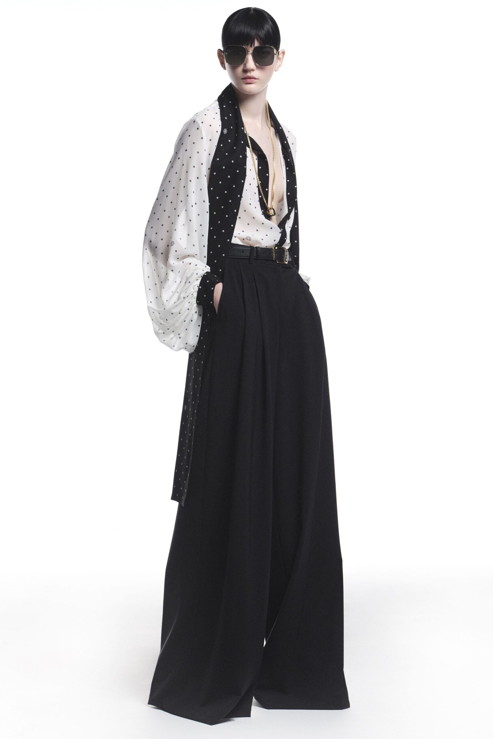 white silk long-sleeve v-neck relaxed polka-dot ruffled blouse