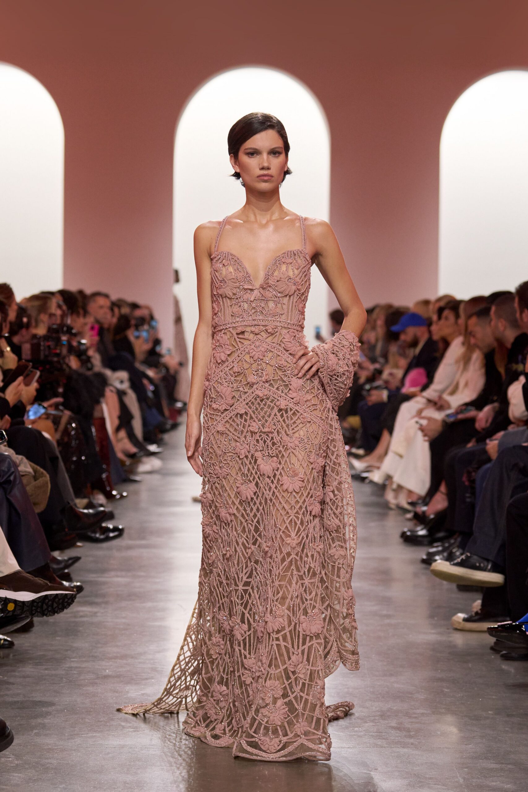 pink lace sleeveless gown