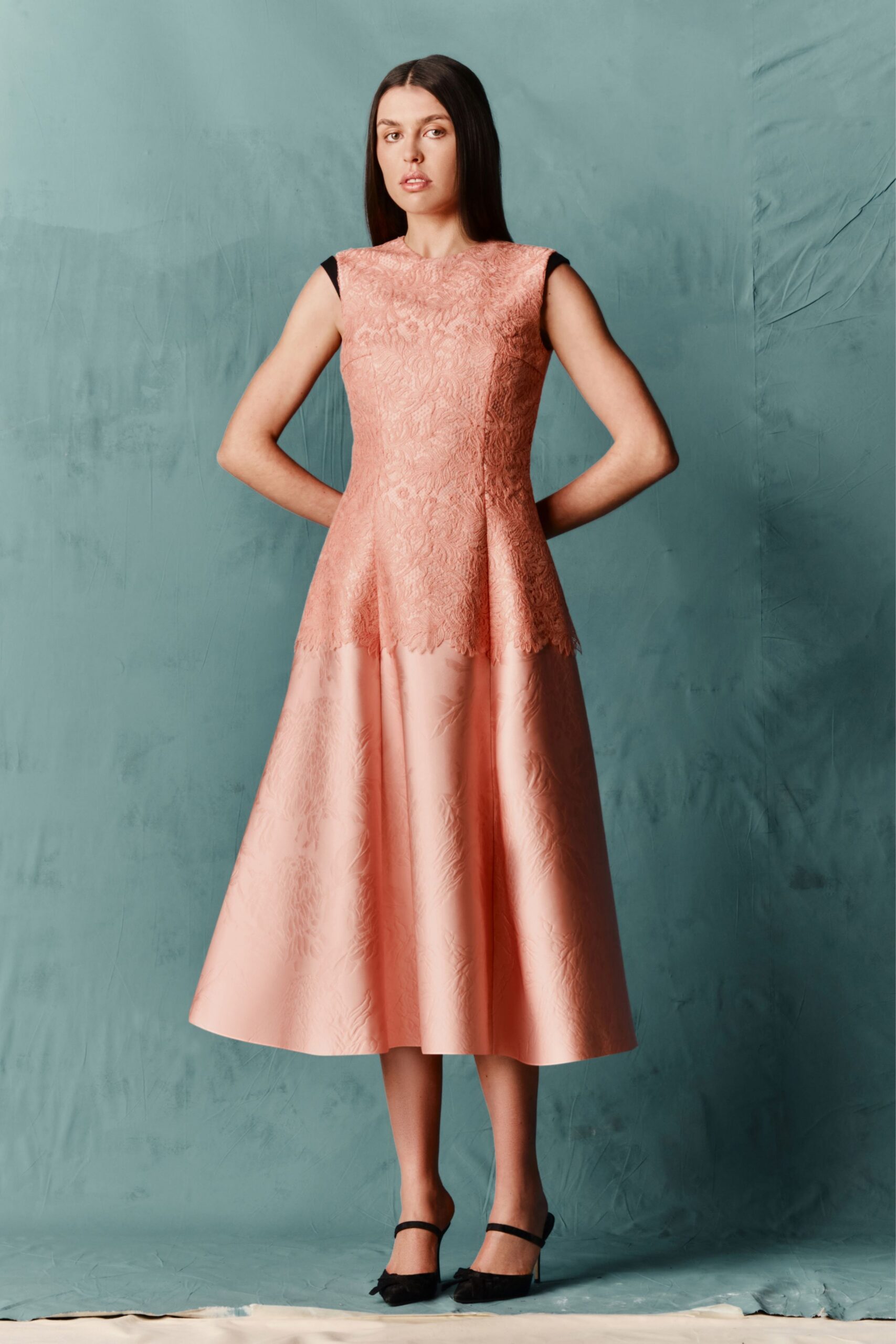 pink silk sleeveless high-neck fitted pleated midi dress
