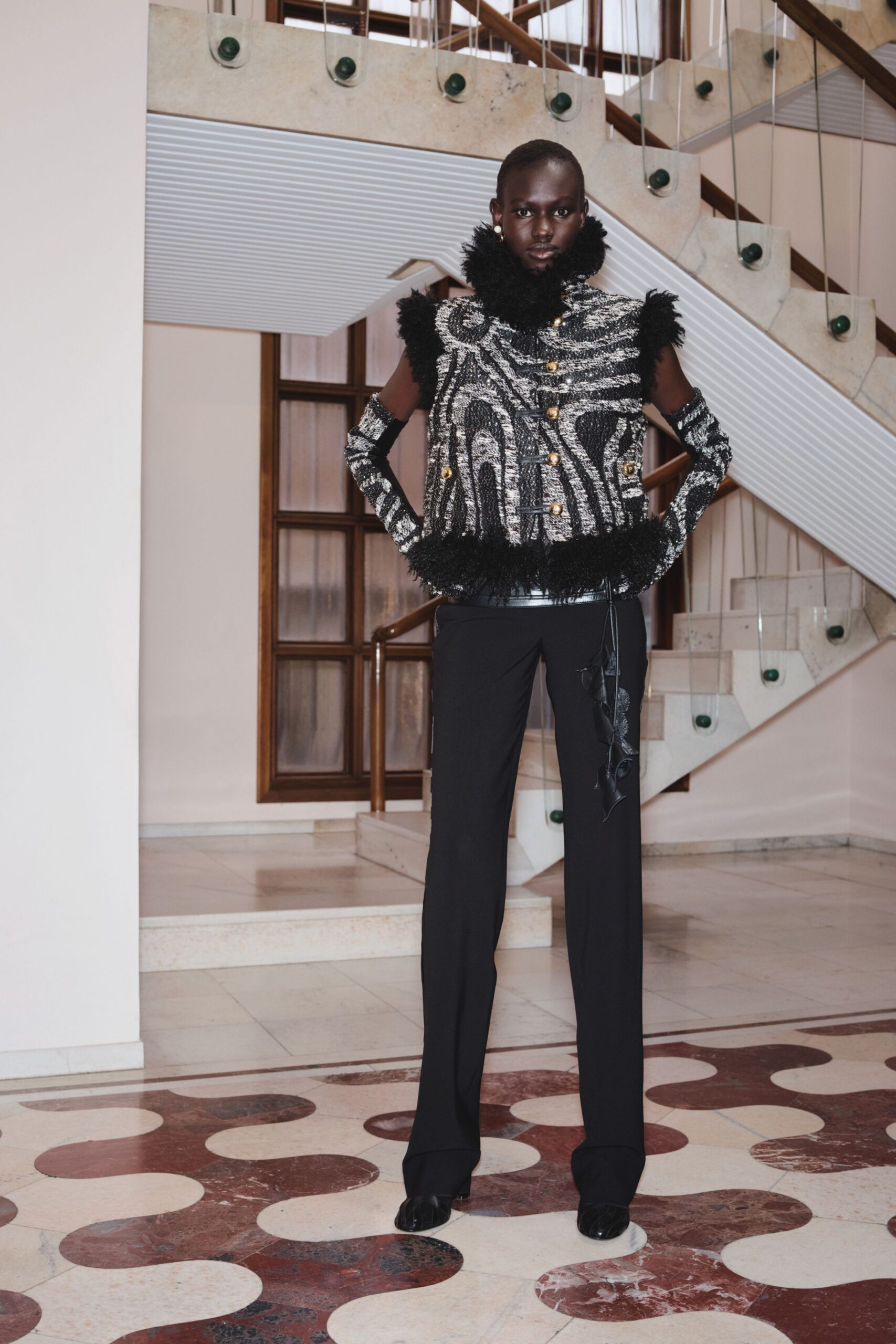 black silk long-sleeve collared fitted embroidered fringed vest
