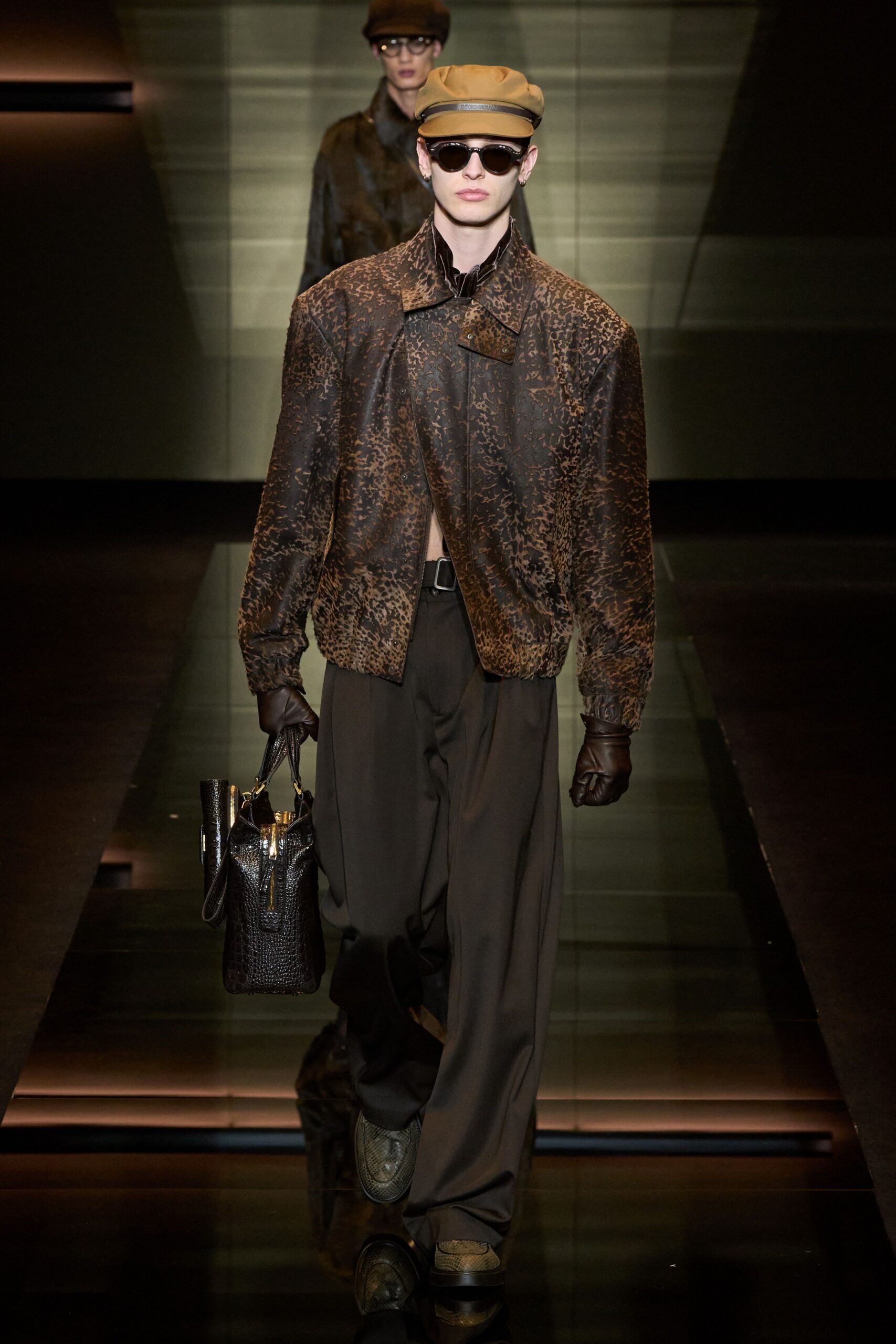 brown leather long-sleeve collared relaxed textured jacket
