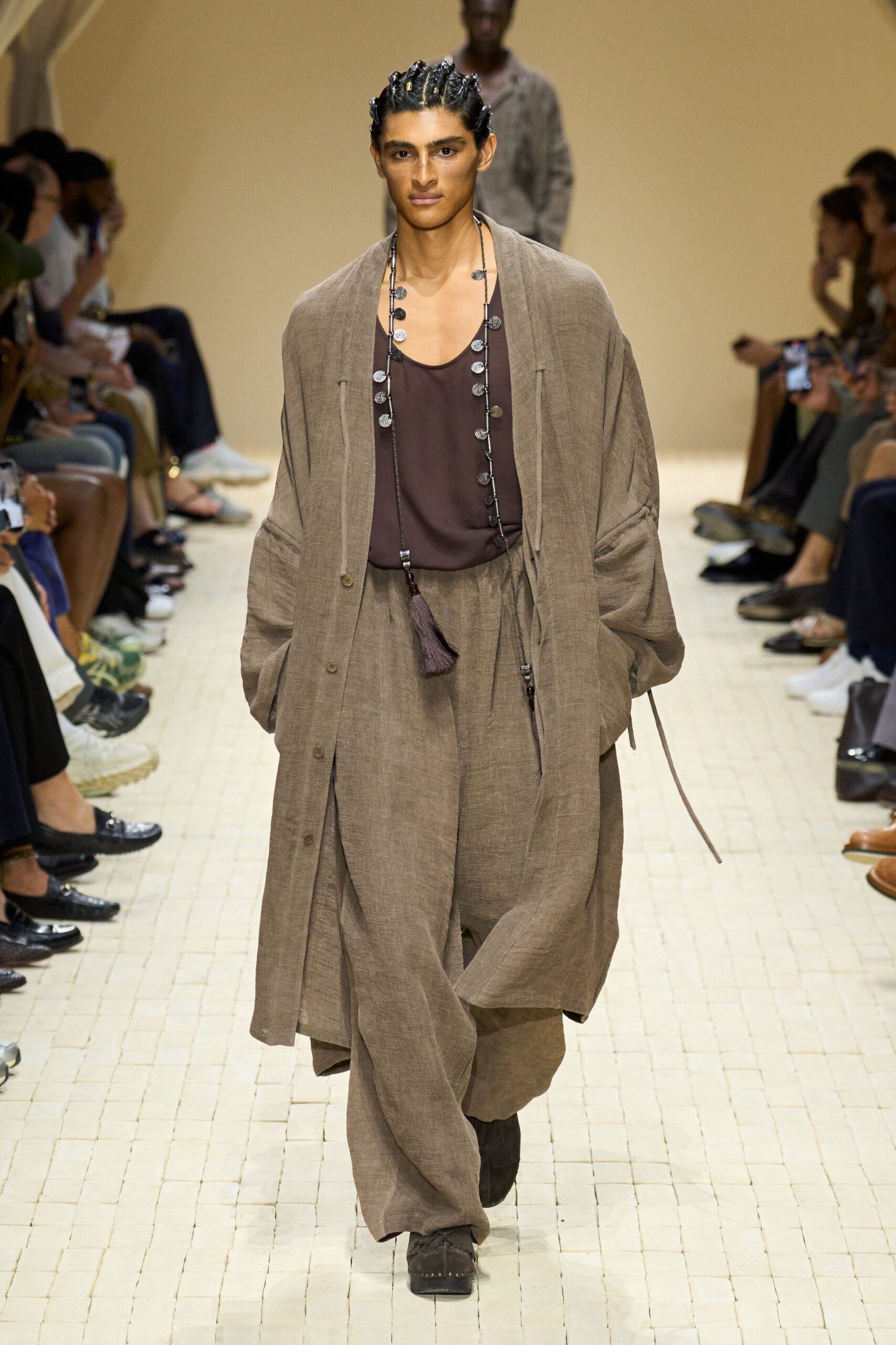 brown linen coat and relaxed pants