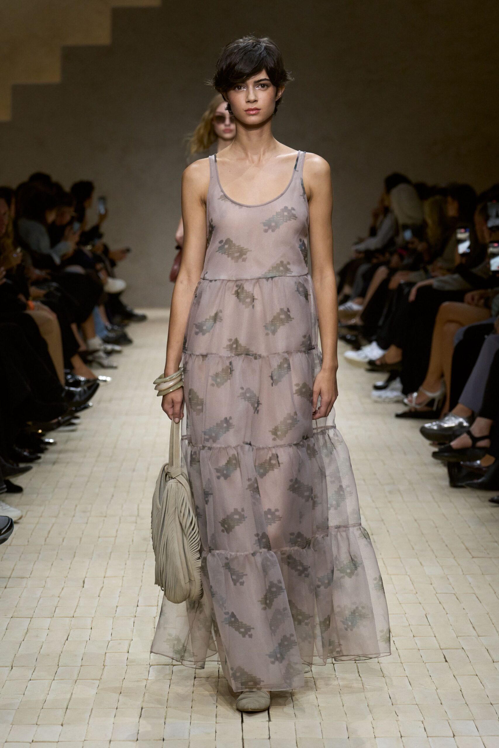 beige chiffon sleeveless v-neck relaxed floral tiered dress