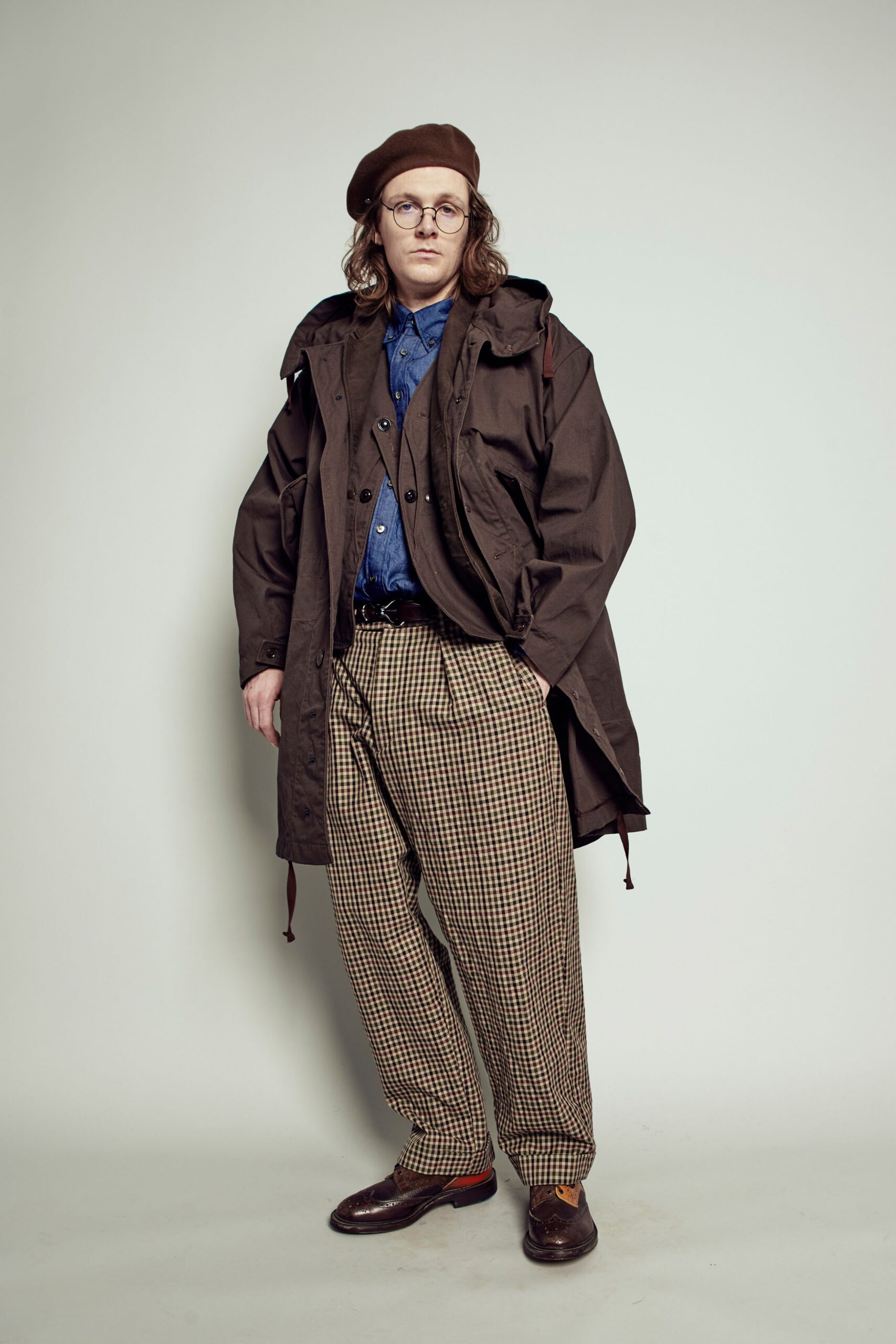 brown cotton long-sleeve collared relaxed coat