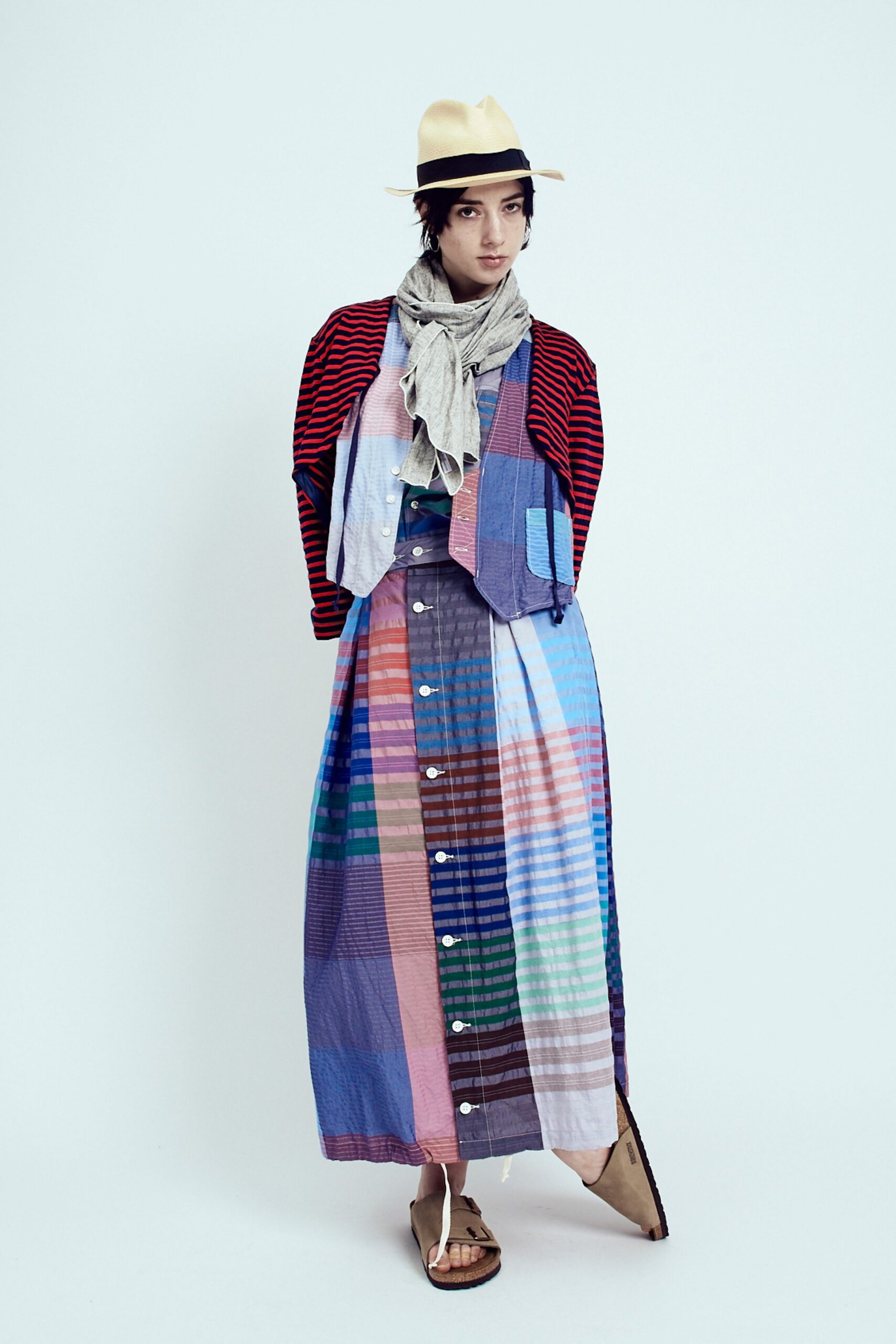 multi cotton collared long-sleeve relaxed buttoned layered dress