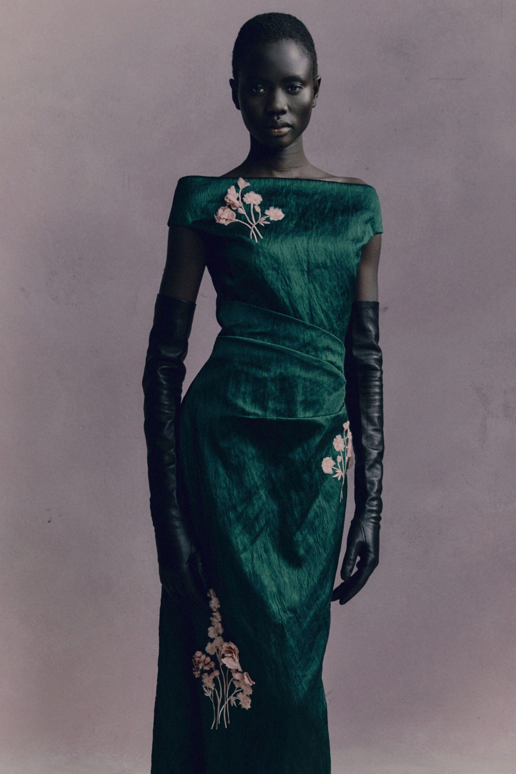 green silk sleeveless off-shoulder fitted embroidered draped gown