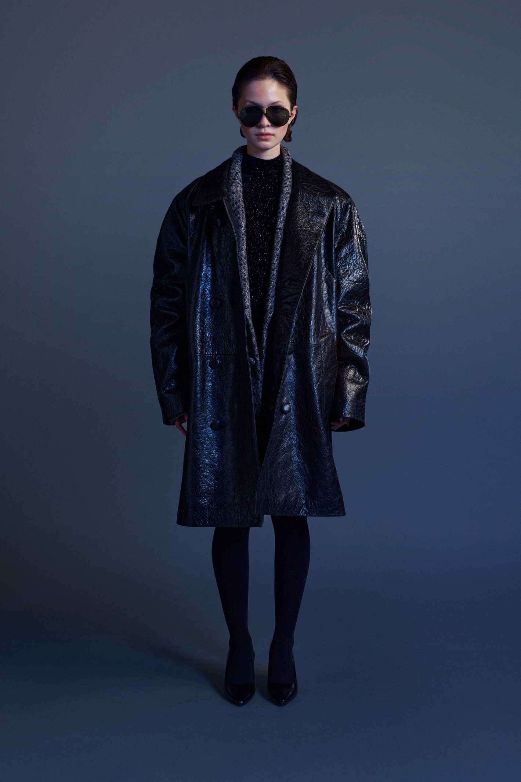 black vinyl long-sleeve collared oversized textured coat