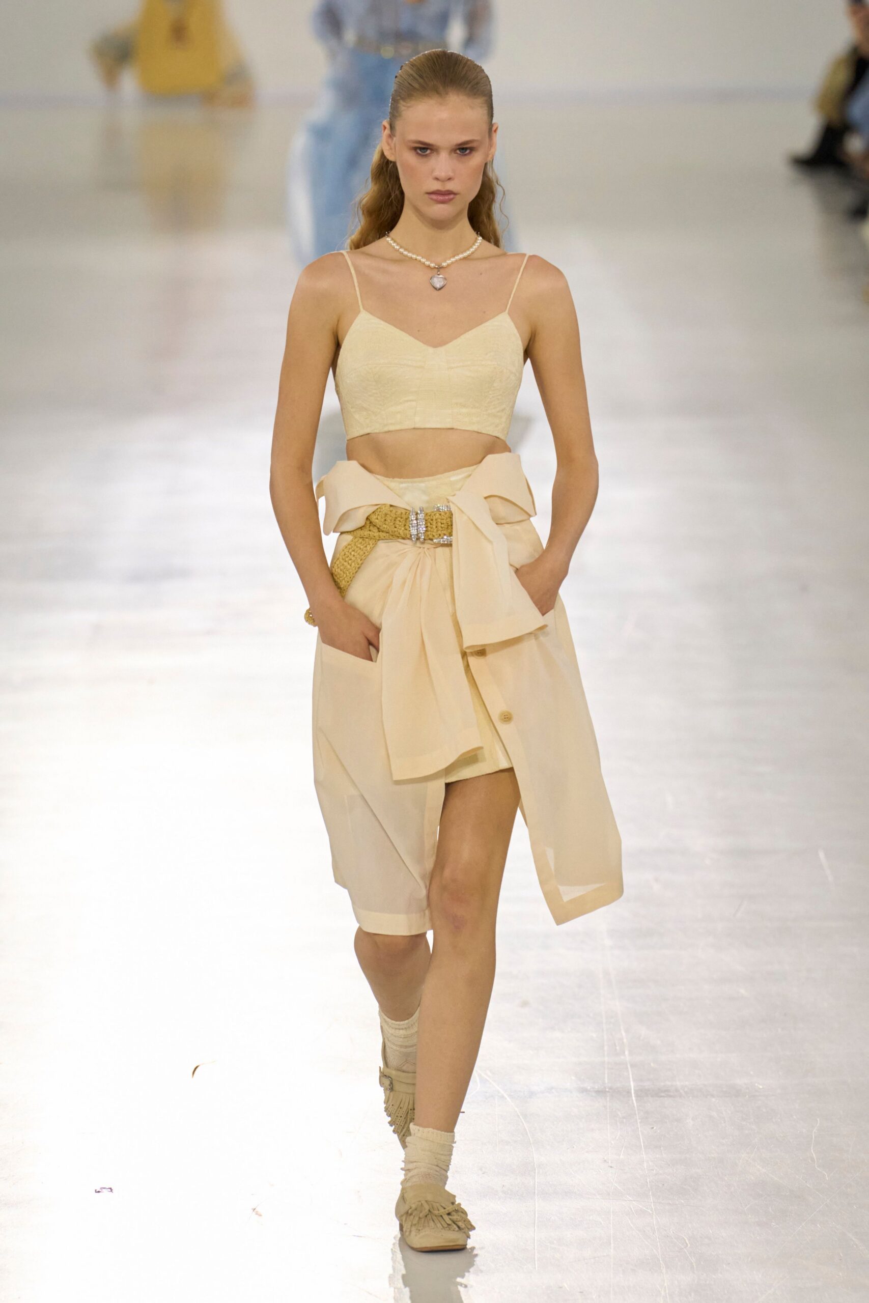 beige crop-top and skirt