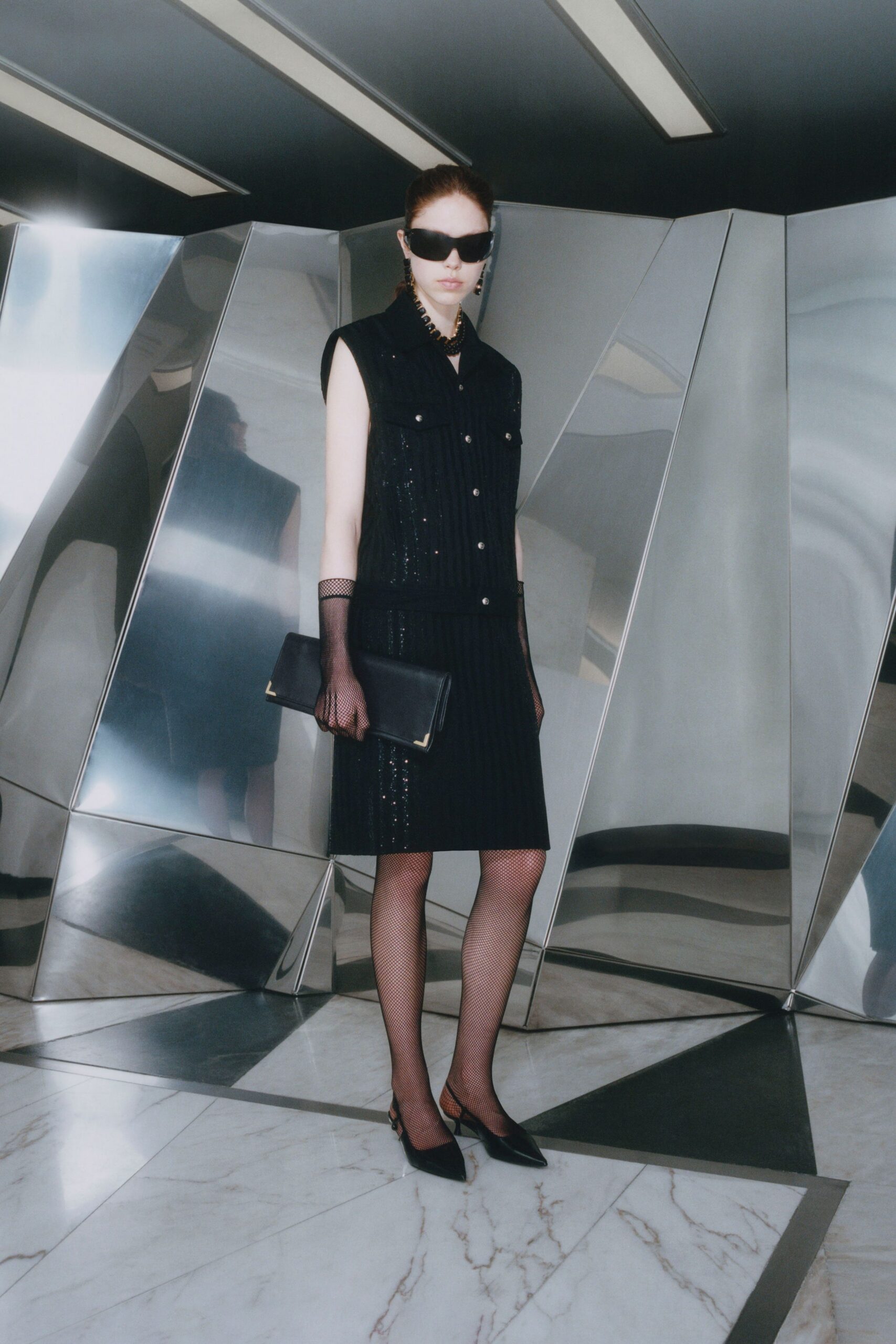 black silk sleeveless collared fitted pleated mini dress