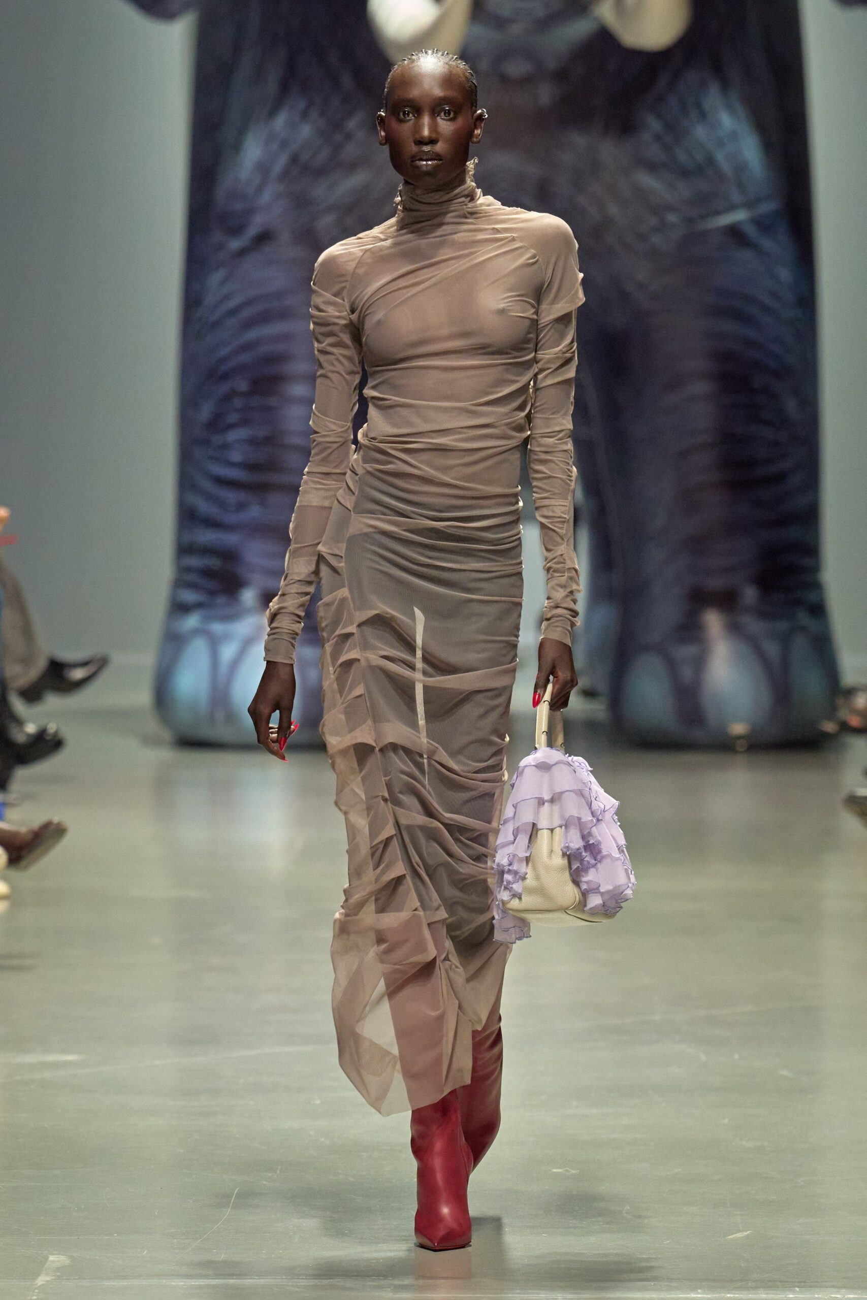 beige mesh long-sleeve turtleneck fitted ruched dress