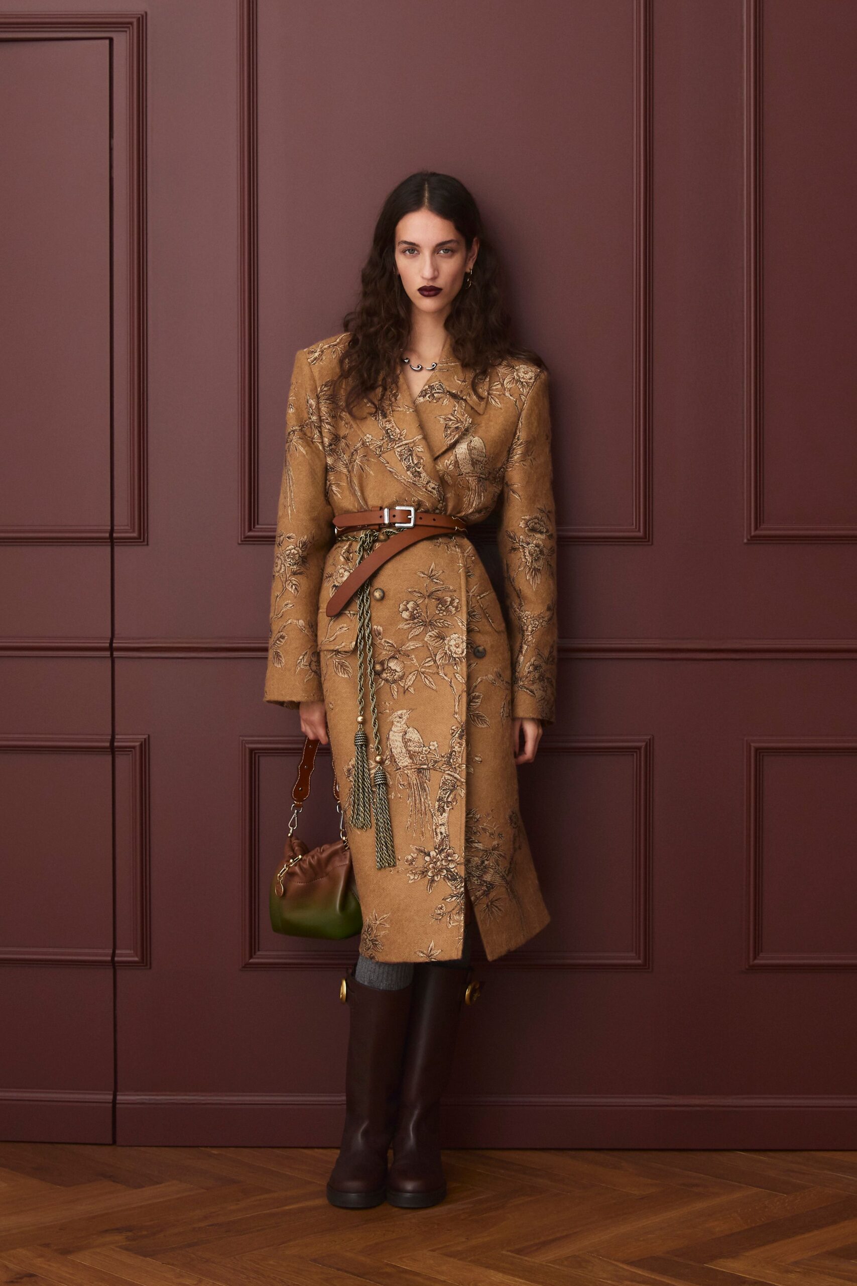 brown silk long-sleeve collared fitted embroidered belted coat