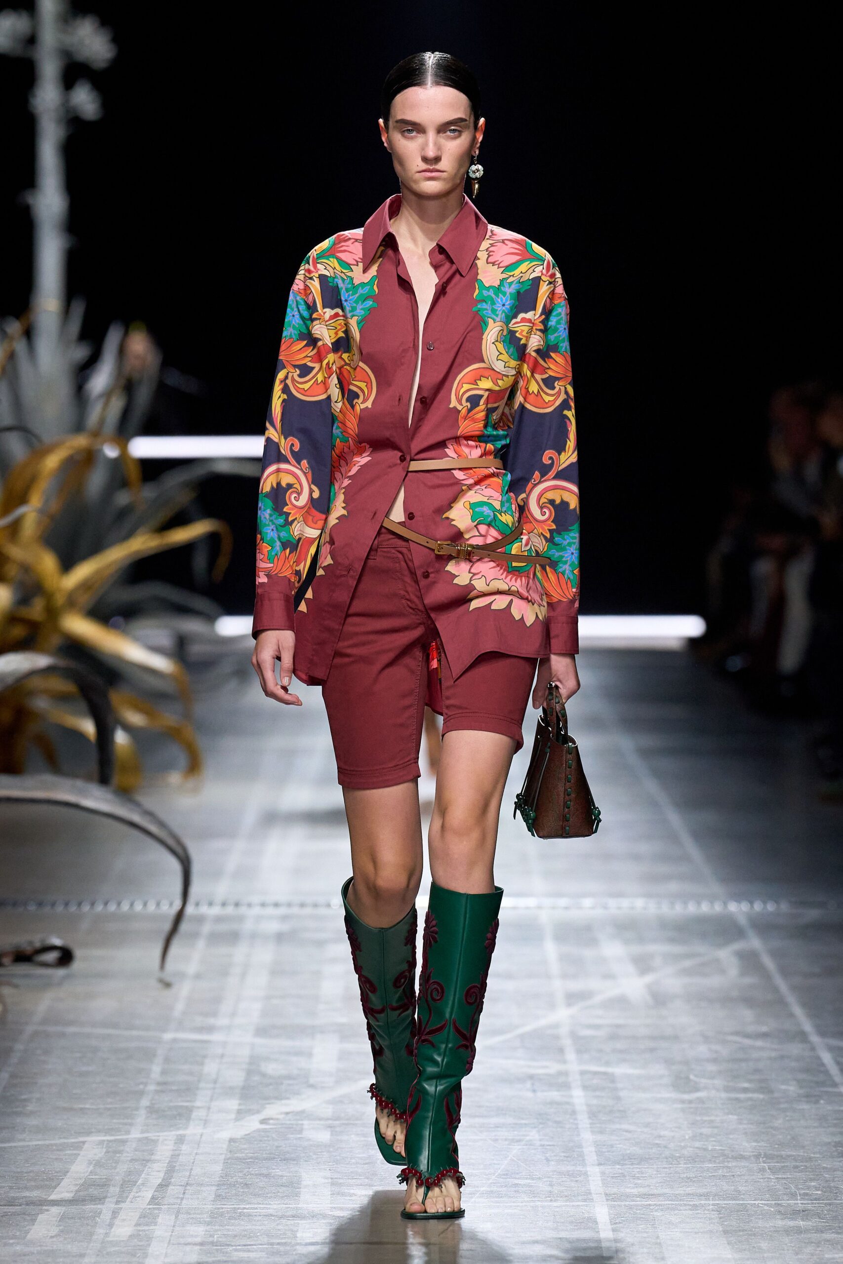 red long-sleeve collared fitted printed shirt