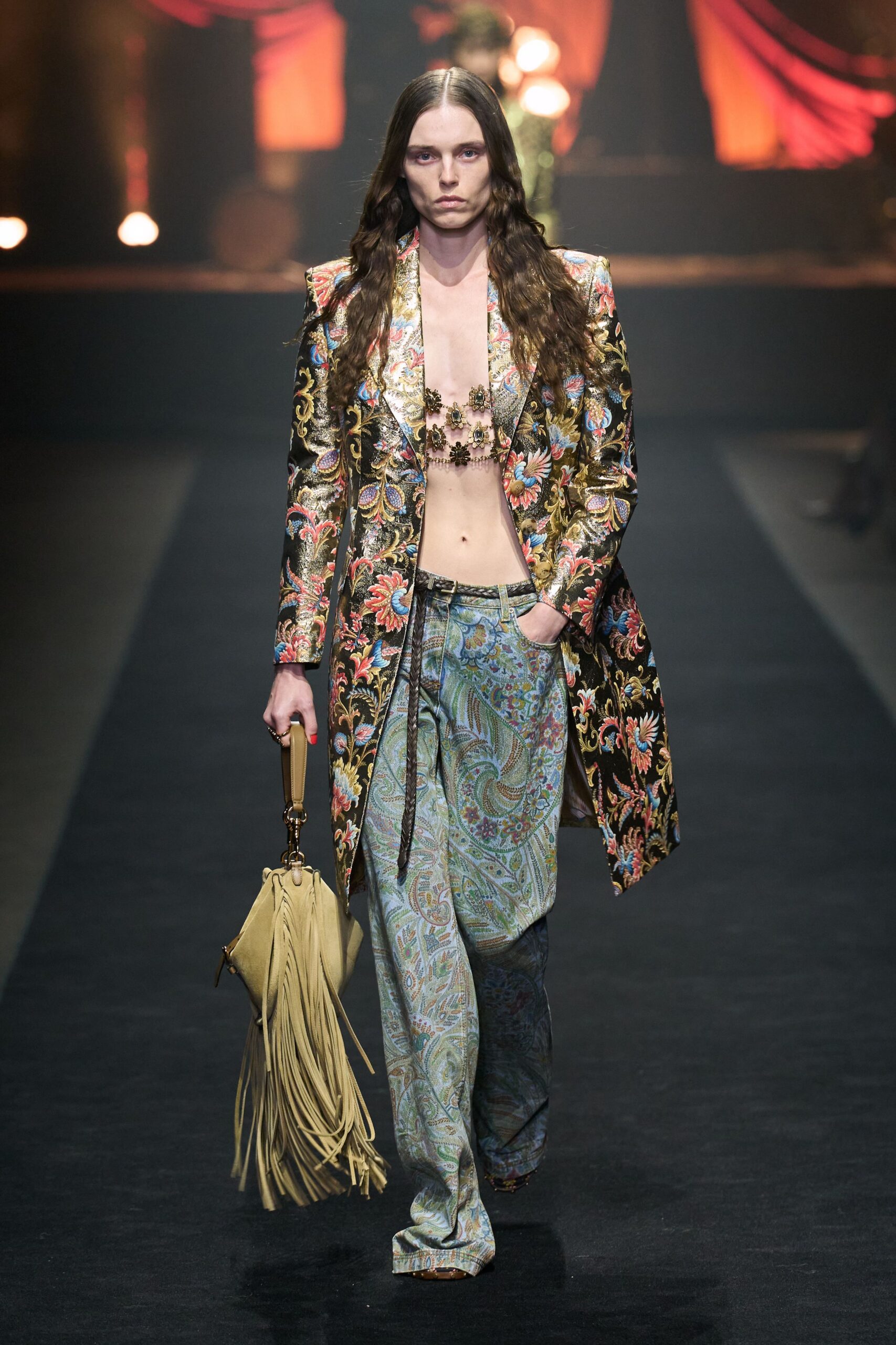 gold silk long-sleeve collared structured floral embroidered blazer