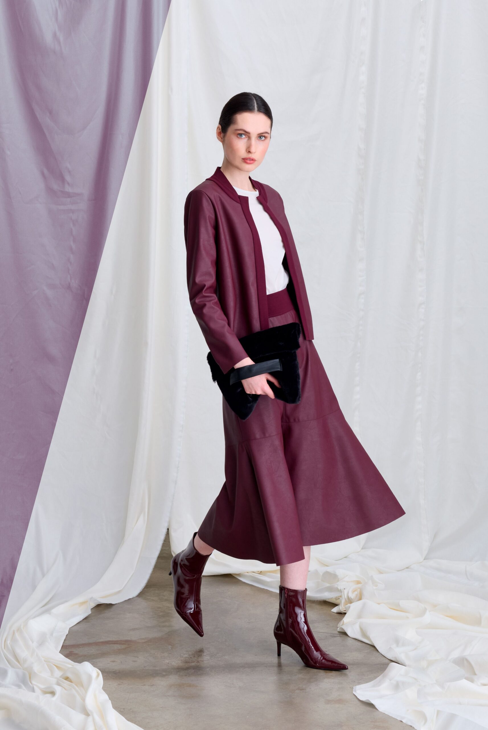 maroon leather long-sleeve v-neck fitted a-line midi dress