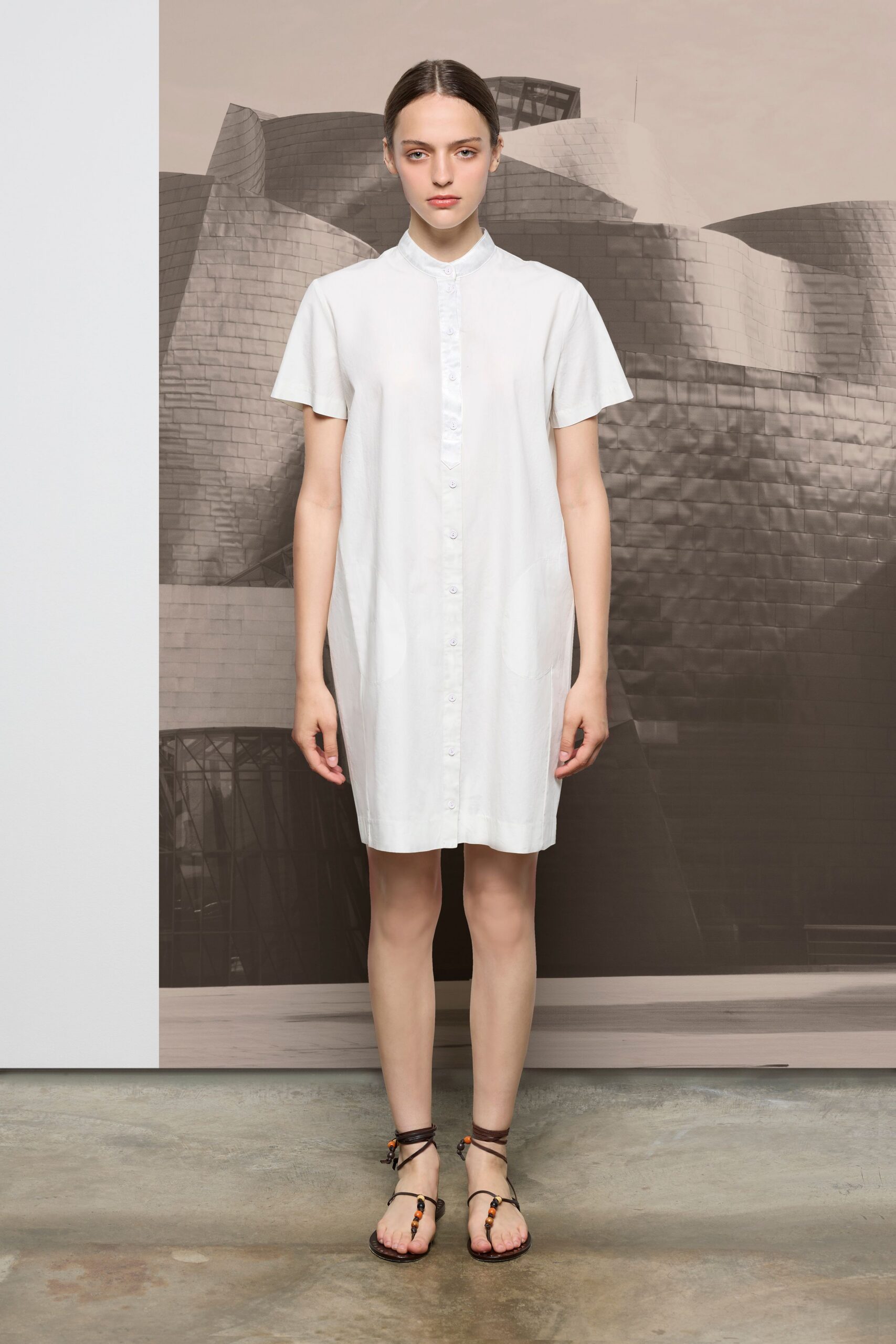 white cotton short-sleeve collared relaxed buttoned short shirt-dress