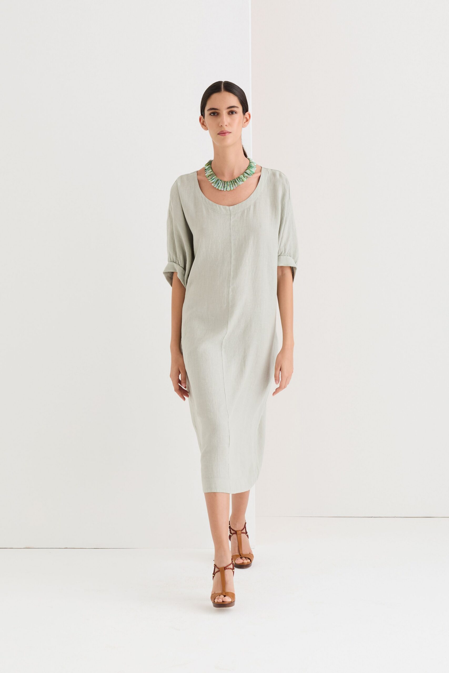 gray cotton short-sleeve scoop-neck relaxed straight-leg midi dress
