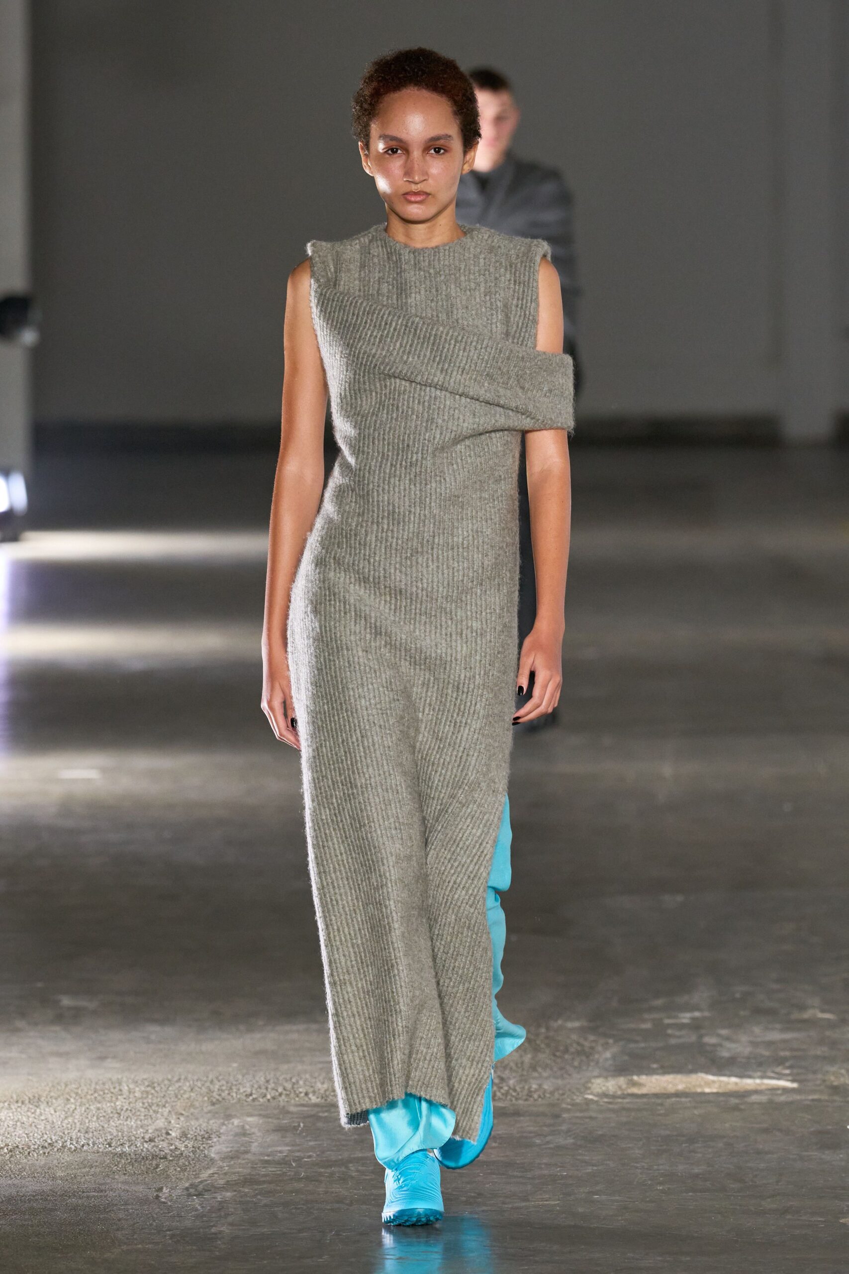 gray wool sleeveless high-neck fitted draped maxi dress