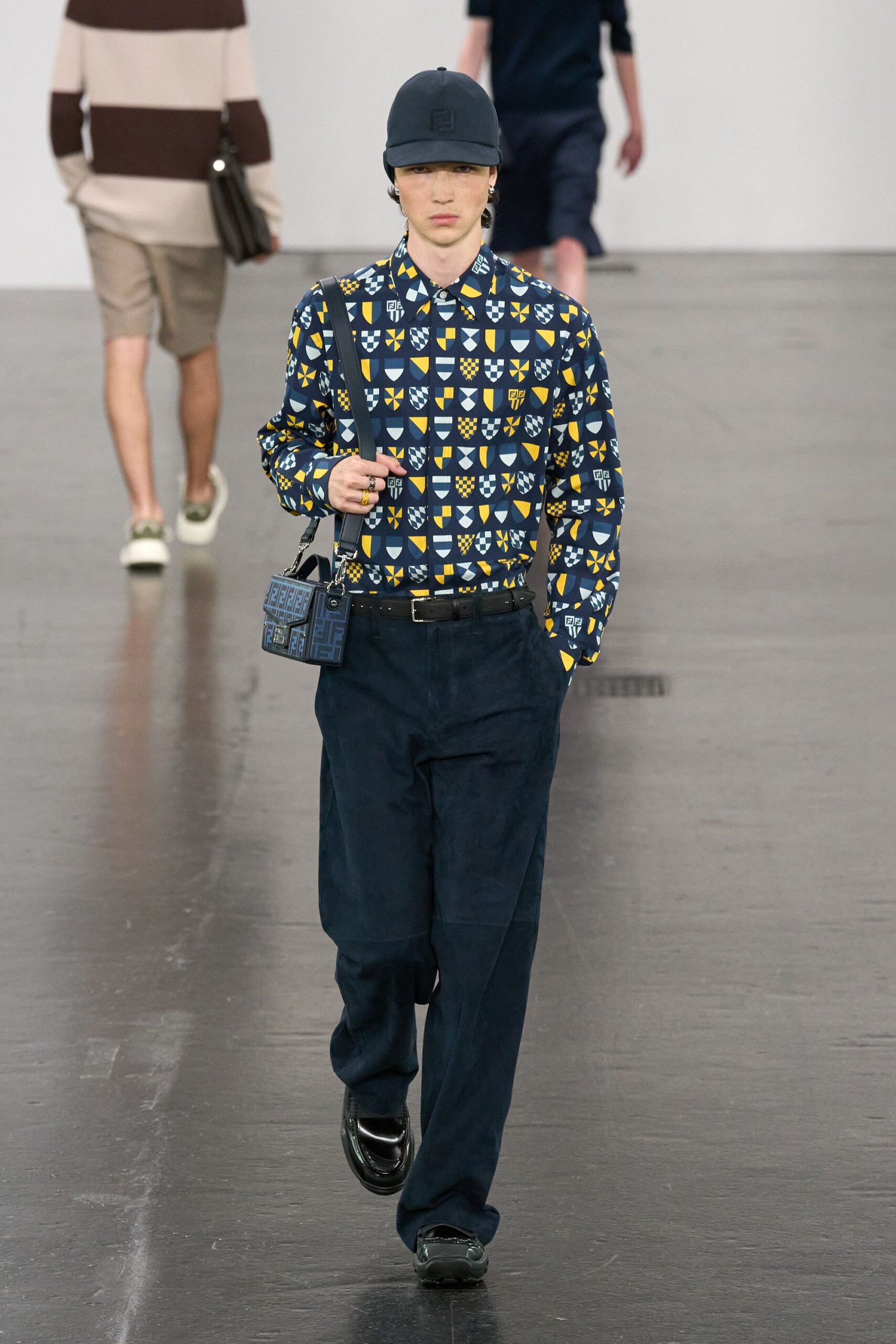 printed blue shirt with relaxed pants