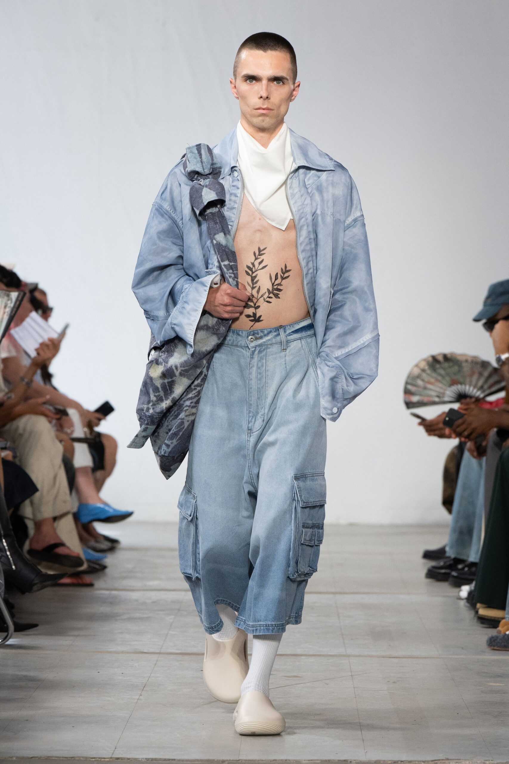 blue denim jacket with cargo pants