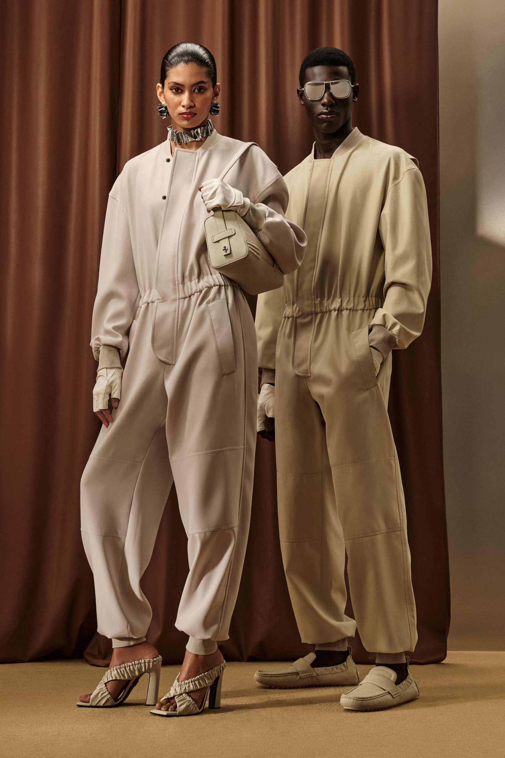 beige cotton long-sleeve collared relaxed zippered jumpsuit