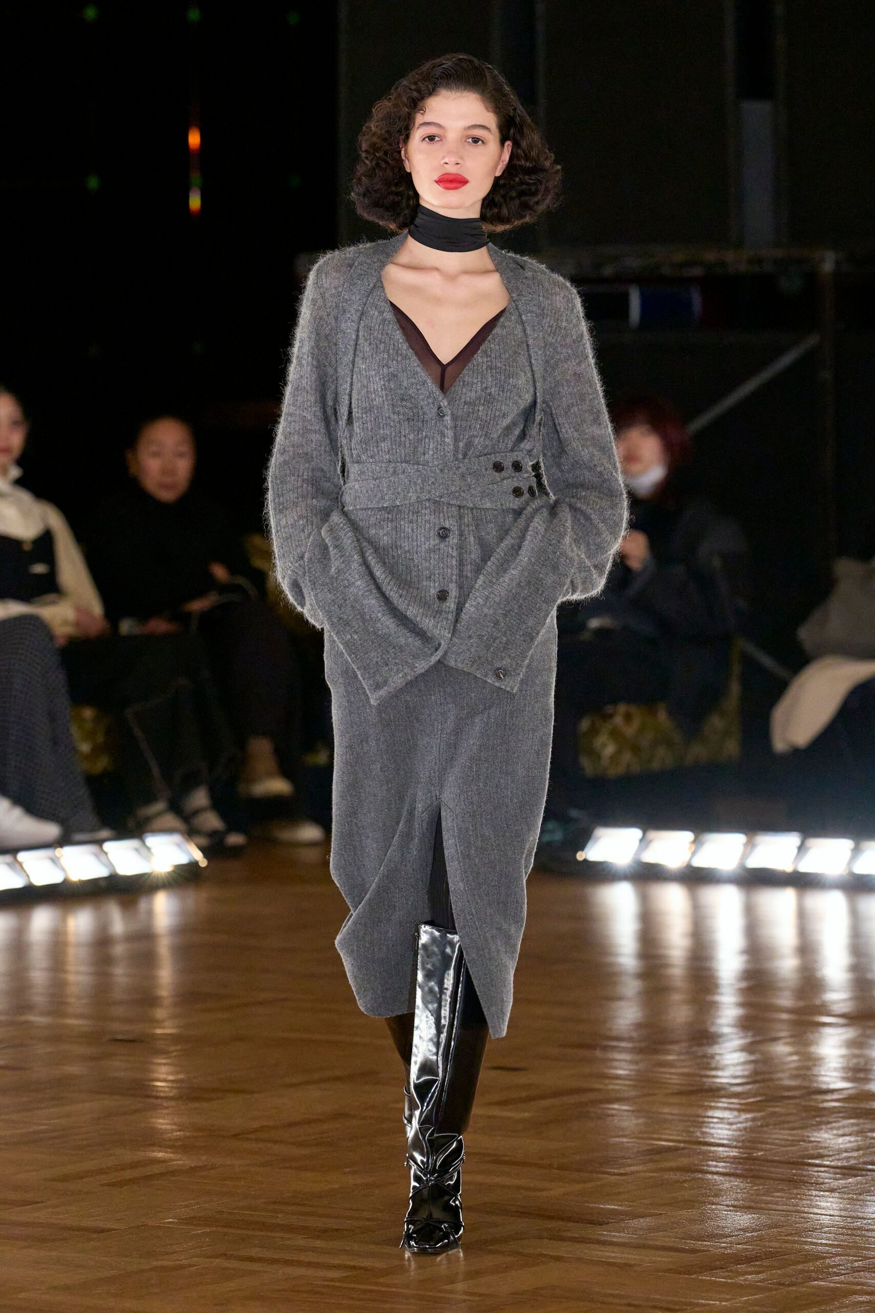 gray wool coat with brown top
