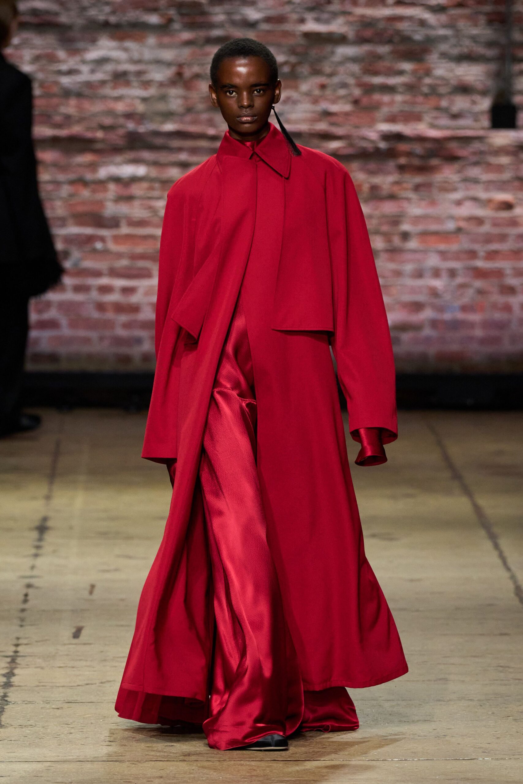 red silk fitted straight-leg pants